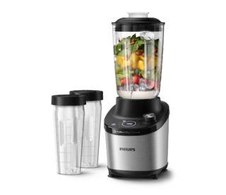 Nel frullatore ad alta velocità Serie 7000 di Philps funziona la tecnologia ProBlend Ultra che eroga una potenza di 1.500 watt miscelare tutti gli ingredienti in modo uniforme. Il vaso da 1,8 litri è dotato di scanalature per spingere costantemente gli ingredienti nel flusso di miscelazione e il display permette una selezione immediata dei programmi. Misura L 22 x P 16 x H 44 cm. Prezzo 219,99 euro. www.philips.it