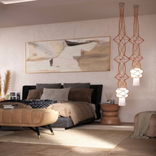 Geometrie rigorose per le sospensioni Stelle Filanti di Venini che sono caratterizzate da una lunga “rete” in pregiato cuoio, simile ad una scultura contemporanea, che sorregge il diffusore in vetro opalino soffiato bianco. Stanno bene in coppia in un angolo della camera da letto al posto del tradizionale lampadario. Misurano Ø 30 x H 220 cm. Prezzo 4.480 euro. www.venini.com Geometrie rigorose per le sospensioni Stelle Filanti di Venini che sono caratterizzate da una lunga “rete” in pregiato cuoio, simile ad una scultura contemporanea, che sorregge il diffusore in vetro opalino soffiato bianco. Stanno bene in coppia in un angolo della camera da letto al posto del tradizionale lampadario. Misurano Ø 30 x H 220 cm. Prezzo 4.480 euro. www.venini.com
