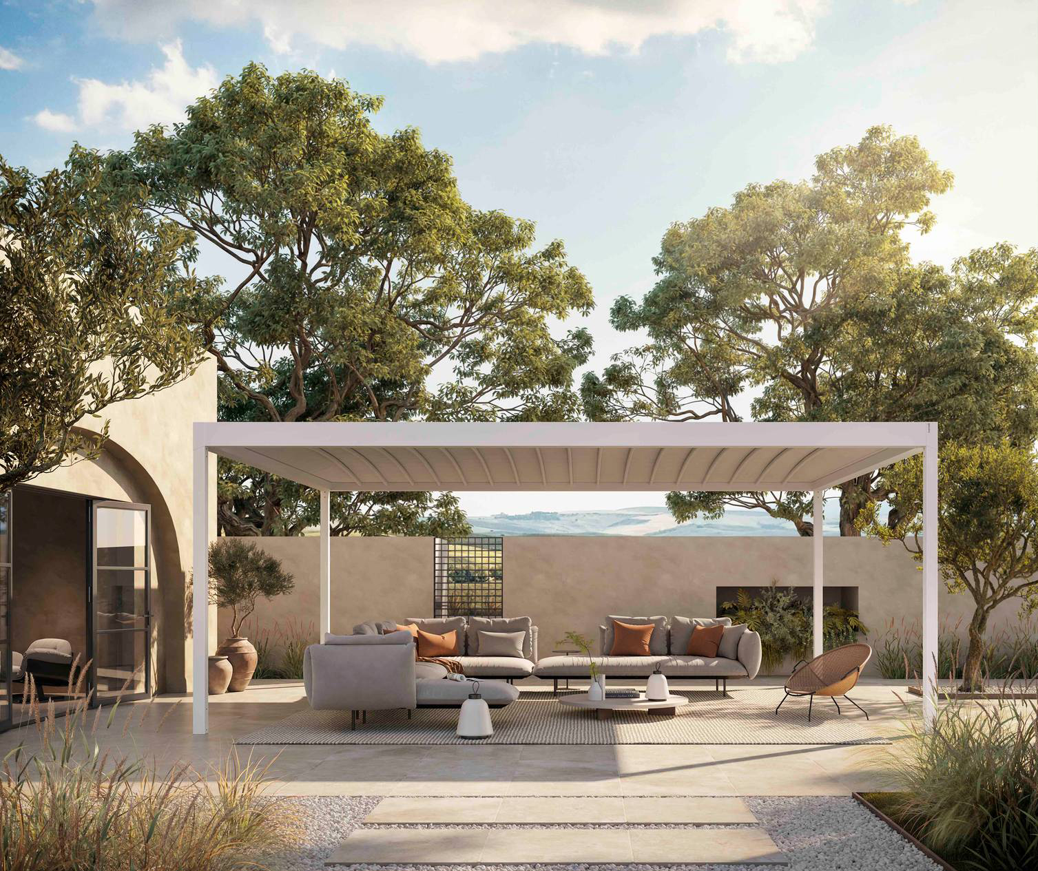 Alba Butterfly di Corradi è la pergola con copertura a impacchettamento a pantografo e con un particolare sistema di deflusso delle acque che garantisce una tenuta alla pioggia sei volte superiore ai limiti imposti dalle normative. Può essere completata con chiusure laterali e dotata di Led perimetrale sulla gronda. Prezzo a partire da 490 euro al mq + Iva. www.corradi.eu Alba Butterfly di Corradi è la pergola con copertura a impacchettamento a pantografo e con un particolare sistema di deflusso delle acque che garantisce una tenuta alla pioggia sei volte superiore ai limiti imposti dalle normative. Può essere completata con chiusure laterali e dotata di Led perimetrale sulla gronda. Prezzo a partire da 490 euro al mq + Iva. www.corradi.eu