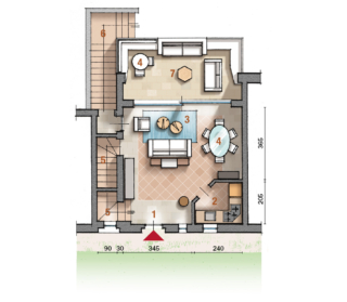 1 Ingresso  2 Cucina 3 Soggiorno  4 Zona pranzo  5  Vano scala  6  Scala esterna  7  Terrazzo