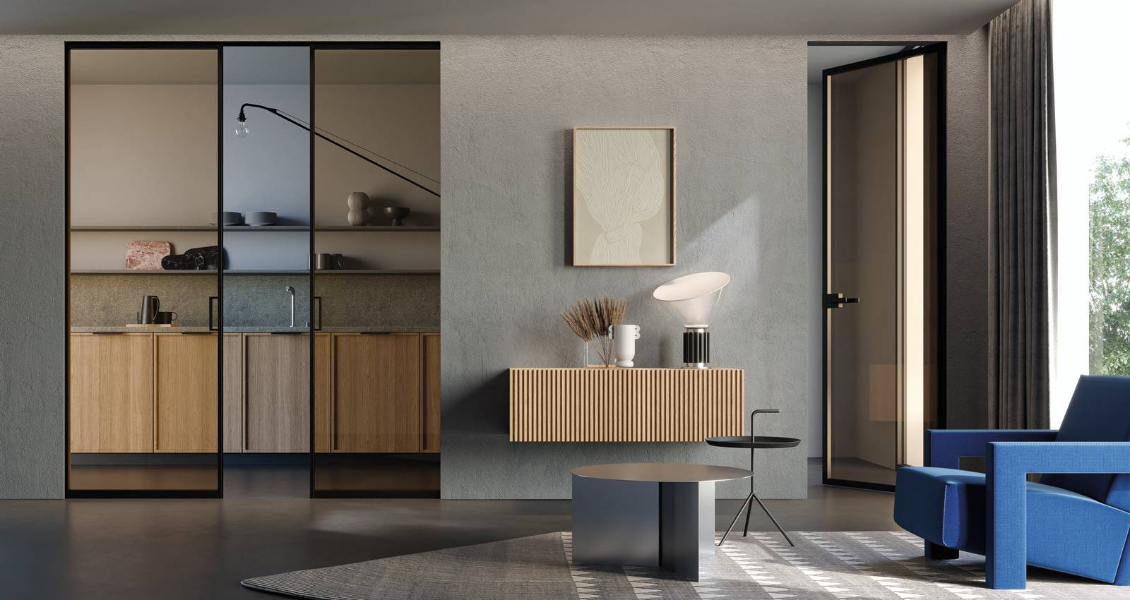 Syntesis Line Estensione di Eclisse è il controtelaio senza finiture esterne che eclissa una o due ante scorrevoli speculari realizzando un’integrazione totale con la parete che appare senza stipiti e coprifili. Sintesi perfetta tra tecnica e design la totale integrazione del controtelaio nella parete che lo ospita è infatti garantita dagli speciali profili perimetrali resinati, in questo modo il controtelaio scompare completamente alla vista, diventando un tutt’uno con il resto della parete. Si può abbinare a pannelli porta scorrevoli in legno (laccati, grezzi con primer), oppure in vetro (tutto vetro oppure con cornice in alluminio). E’ disponibile con larghezze a partire da 60 cm e altezze fino a 270 cm, nella variante per muratura o cartongesso, con traverso o senza traverso, prezzo su richiesta. www.eclisse.it Syntesis Line Estensione di Eclisse è il controtelaio senza finiture esterne che eclissa una o due ante scorrevoli speculari realizzando un’integrazione totale con la parete che appare senza stipiti e coprifili. Sintesi perfetta tra tecnica e design la totale integrazione del controtelaio nella parete che lo ospita è infatti garantita dagli speciali profili perimetrali resinati, in questo modo il controtelaio scompare completamente alla vista, diventando un tutt’uno con il resto della parete. Si può abbinare a pannelli porta scorrevoli in legno (laccati, grezzi con primer), oppure in vetro (tutto vetro oppure con cornice in alluminio). E’ disponibile con larghezze a partire da 60 cm e altezze fino a 270 cm, nella variante per muratura o cartongesso, con traverso o senza traverso, prezzo su richiesta. www.eclisse.it