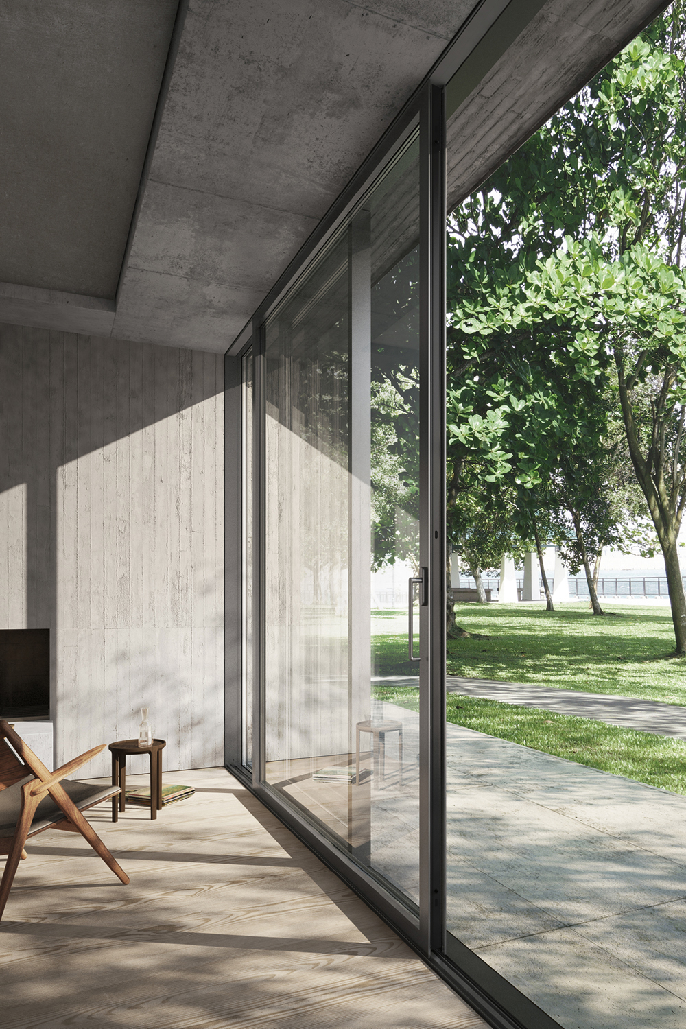 Sistema Alzante scorrevole Schüco ASE 60, con un'anta scorrevole e una fissa; soglia filo pavimento.