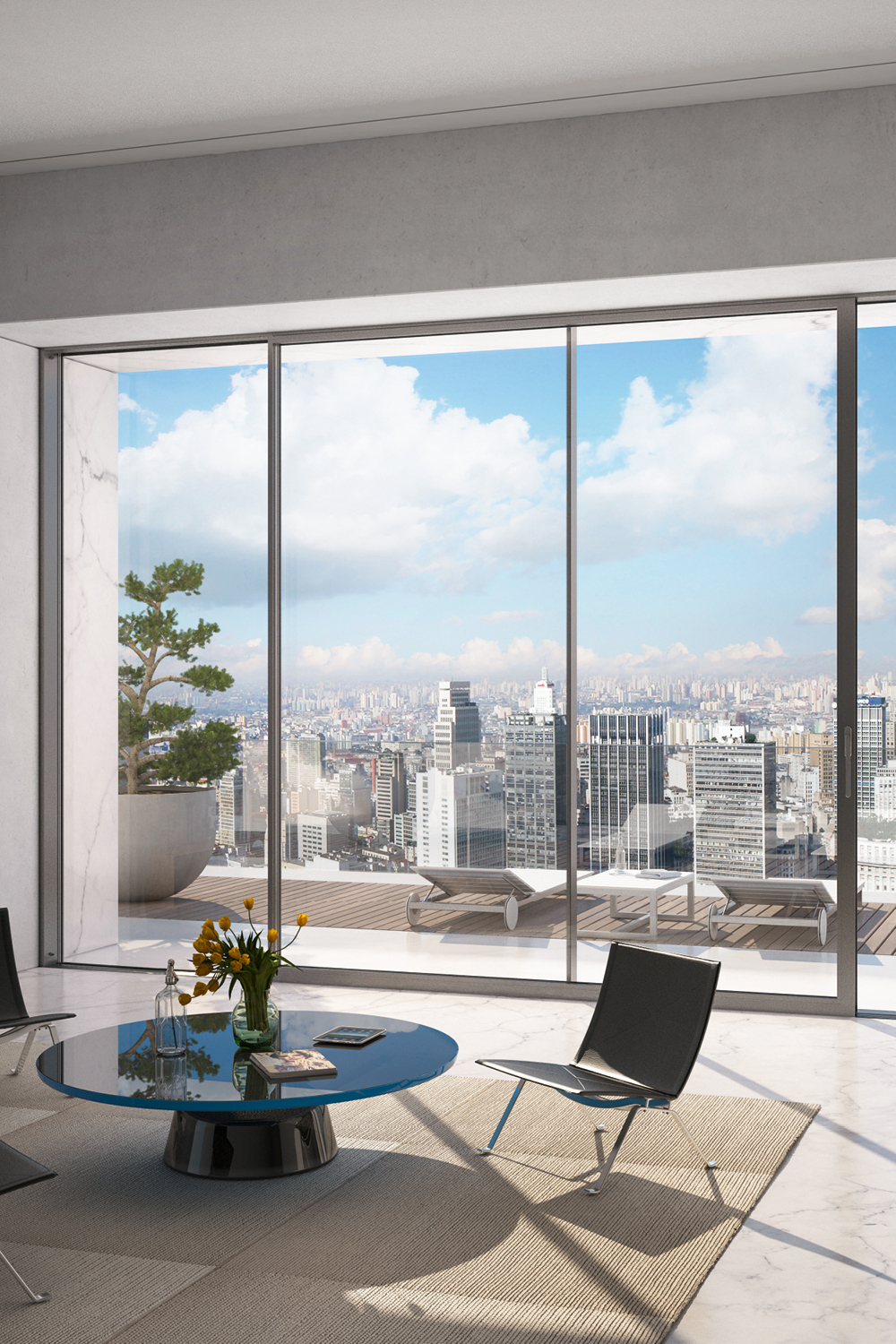 Sistema Alzante scorrevole Schüco ASE 60, con un'anta scorrevole e una fissa; soglia filo pavimento e montante centrale ultra sottile Design Line.