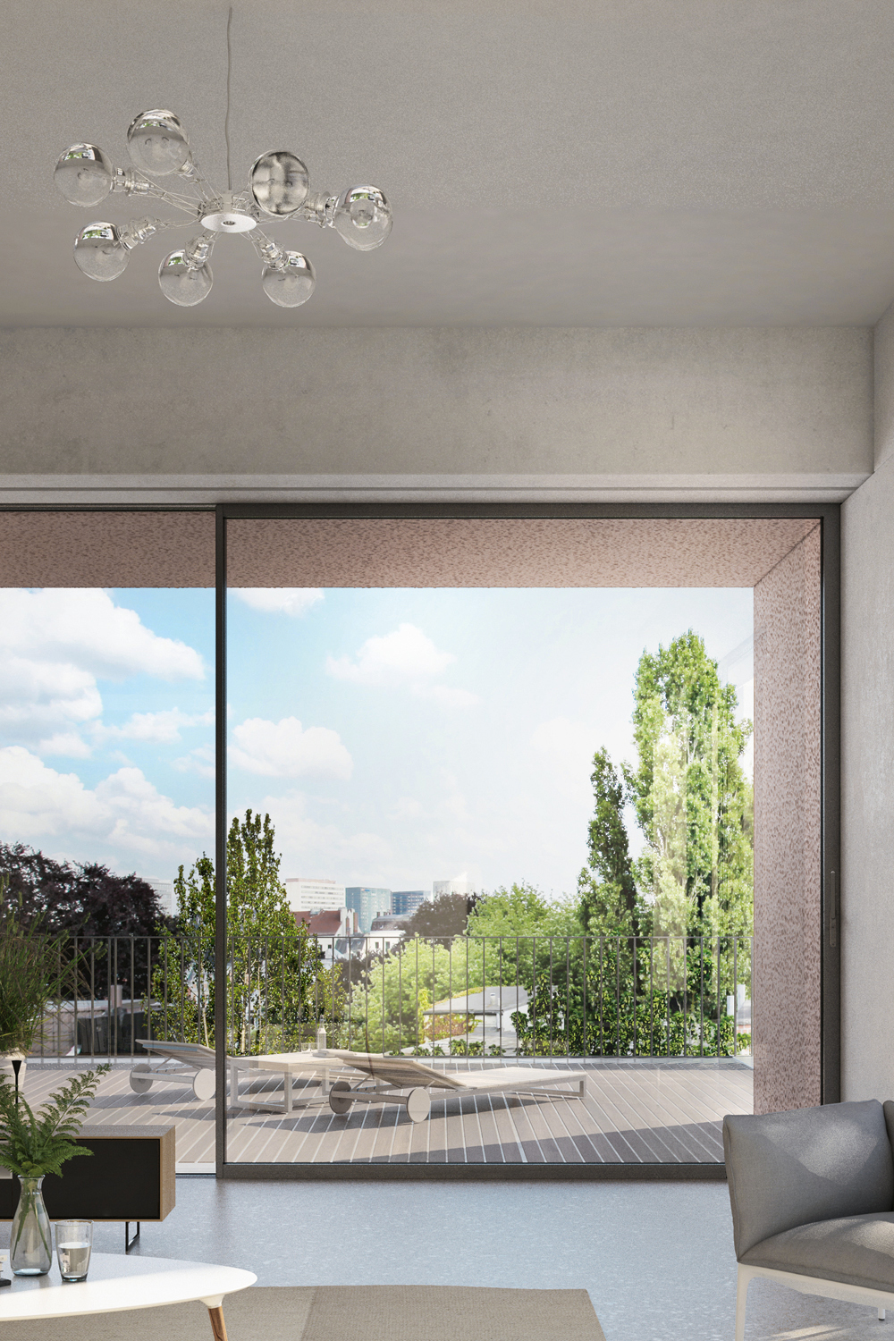 Sistema Alzante scorrevole Schüco ASE 80.HI, con un'anta scorrevole e una fissa; soglia filo pavimento e montante centrale ultra sottile Design Line.