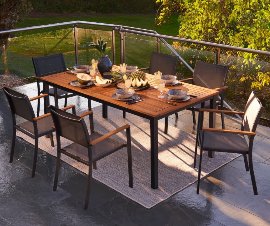 Può essere apparecchiato direttamente sul piano in legno, senza tovaglia, il tavolo da giardino allungabile Oris di Naterial in vendita da Leroy Merlin. Il piano a doghe in eucalipto massello, certificato FSC, è sorretto da una struttura in alluminio verniciato grigio che lo rende leggero e resistente. Può ospitare da sei a dieci commensali. Misura L 180/240 x P 100 x H  75 cm. Prezzo 299 euro. www.leroymerlin.it Può essere apparecchiato direttamente sul piano in legno, senza tovaglia, il tavolo da giardino allungabile Oris di Naterial in vendita da Leroy Merlin. Il piano a doghe in eucalipto massello, certificato FSC, è sorretto da una struttura in alluminio verniciato grigio che lo rende leggero e resistente. Può ospitare da sei a dieci commensali. Misura L 180/240 x P 100 x H  75 cm. Prezzo 299 euro. www.leroymerlin.it