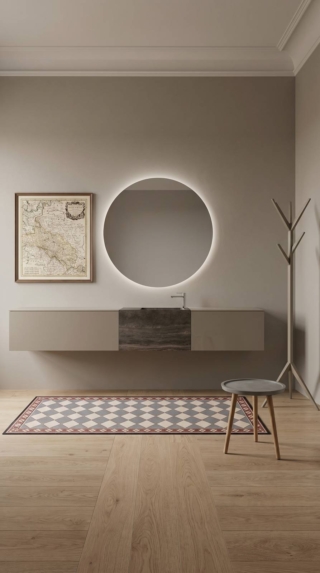 Bagno moderno con vecchia stampa a parete