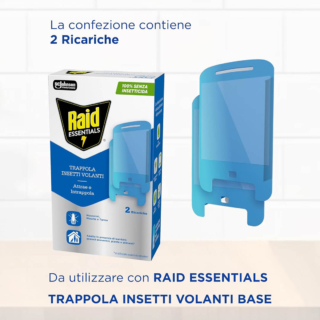 Trappola per insetti volanti di Raid Essentials con  tecnologia a luce continua (LED blu e Luce UV) a basso consumo, che attrae gli insetti volanti. La scheda adesiva su entrambi i lati cattura efficacemente gli insetti volanti come moscerini, mosche e tarme. Prezzo: 4,99 euro su amazon.it