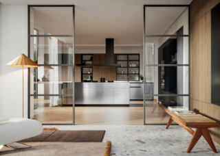 L'isola in acciaio inox satinato e la composizione lineare di Progetto 6 di Doimo Cucine creano una fuga visiva enfatizzata dalla presenza dei moduli a giorno, con schienale effetto marmo in laminato HPL Olimpo, collocati tra le colonne e i pensili in impiallacciato Premium olmo Michelangelo Lateralmente trovano posto le colonne in laccato opaco Grigio Antracite che danno vita ad un'armadiatura.  Prezzo su richiesta. www.doimocucine.com L'isola in acciaio inox satinato e la composizione lineare di Progetto 6 di Doimo Cucine creano una fuga visiva enfatizzata dalla presenza dei moduli a giorno, con schienale effetto marmo in laminato HPL Olimpo, collocati tra le colonne e i pensili in impiallacciato Premium olmo Michelangelo Lateralmente trovano posto le colonne in laccato opaco Grigio Antracite che danno vita ad un'armadiatura.  Prezzo su richiesta. www.doimocucine.com