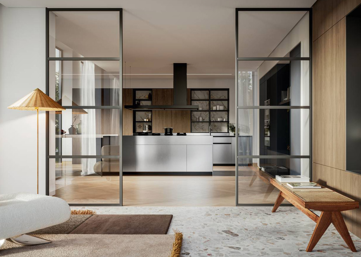 L'isola in acciaio inox satinato e la composizione lineare di Progetto 6 di Doimo Cucine creano una fuga visiva enfatizzata dalla presenza dei moduli a giorno, con schienale effetto marmo in laminato HPL Olimpo, collocati tra le colonne e i pensili in impiallacciato Premium olmo Michelangelo Lateralmente trovano posto le colonne in laccato opaco Grigio Antracite che danno vita ad un'armadiatura.  Prezzo su richiesta. www.doimocucine.com L'isola in acciaio inox satinato e la composizione lineare di Progetto 6 di Doimo Cucine creano una fuga visiva enfatizzata dalla presenza dei moduli a giorno, con schienale effetto marmo in laminato HPL Olimpo, collocati tra le colonne e i pensili in impiallacciato Premium olmo Michelangelo Lateralmente trovano posto le colonne in laccato opaco Grigio Antracite che danno vita ad un'armadiatura.  Prezzo su richiesta. www.doimocucine.com
