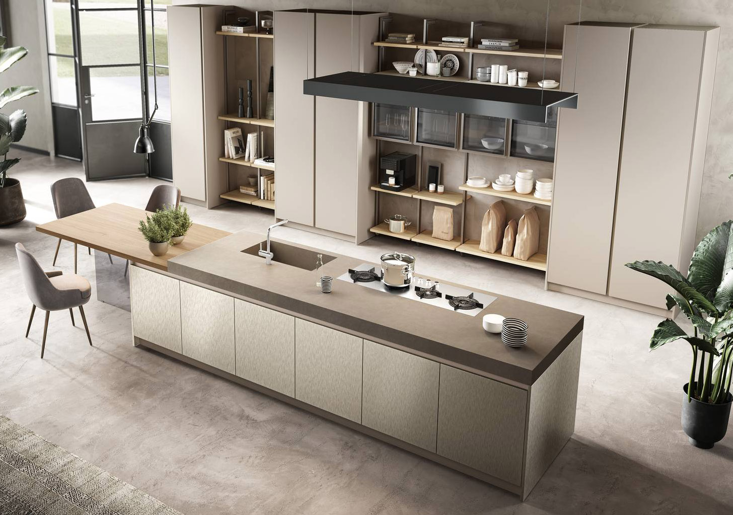 Una grande isola centrale con tavolo laterale domina la composizione Venere di Moretti Compact Cucine caratterizzata dalle colonne con libreria Virgo e da una serie di moduli a giorno. Le ante lisce sono realizzate in melaminico Rovere Miele e in laccato opaco Perla e metallizzato Nichel. Un pensile con anta telaio in alluminio e vetro Fumé, con presa maniglia integrata, prezzo a partire da 404 euro  + Iva. www.cucine.moretticompact.it Una grande isola centrale con tavolo laterale domina la composizione Venere di Moretti Compact Cucine caratterizzata dalle colonne con libreria Virgo e da una serie di moduli a giorno. Le ante lisce sono realizzate in melaminico Rovere Miele e in laccato opaco Perla e metallizzato Nichel. Un pensile con anta telaio in alluminio e vetro Fumé, con presa maniglia integrata, prezzo a partire da 404 euro  + Iva. www.cucine.moretticompact.it