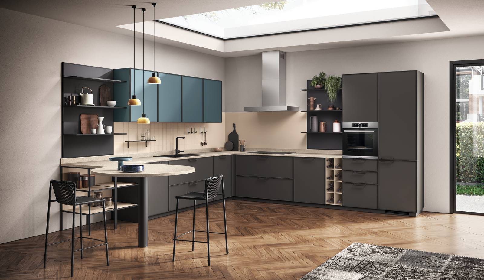 La composizione ad angolo Jeometrica di Scavolini è composta da basi e colonne in Laccato opaco Grigio Ferro con le ante lisce dotate di maniglie in metallo nella finitura Antracite; il piano in Quarz  Blanco City si prolunga lateralmente per dare vita al piano snack rotondo. Accanto ai pensili in laccato Verde Ottanio trovano posto le mensole con lo schienale in decorativo Anise Prezzo su richiesta. www.scavolini.com La composizione ad angolo Jeometrica di Scavolini è composta da basi e colonne in Laccato opaco Grigio Ferro con le ante lisce dotate di maniglie in metallo nella finitura Antracite; il piano in Quarz  Blanco City si prolunga lateralmente per dare vita al piano snack rotondo. Accanto ai pensili in laccato Verde Ottanio trovano posto le mensole con lo schienale in decorativo Anise Prezzo su richiesta. www.scavolini.com