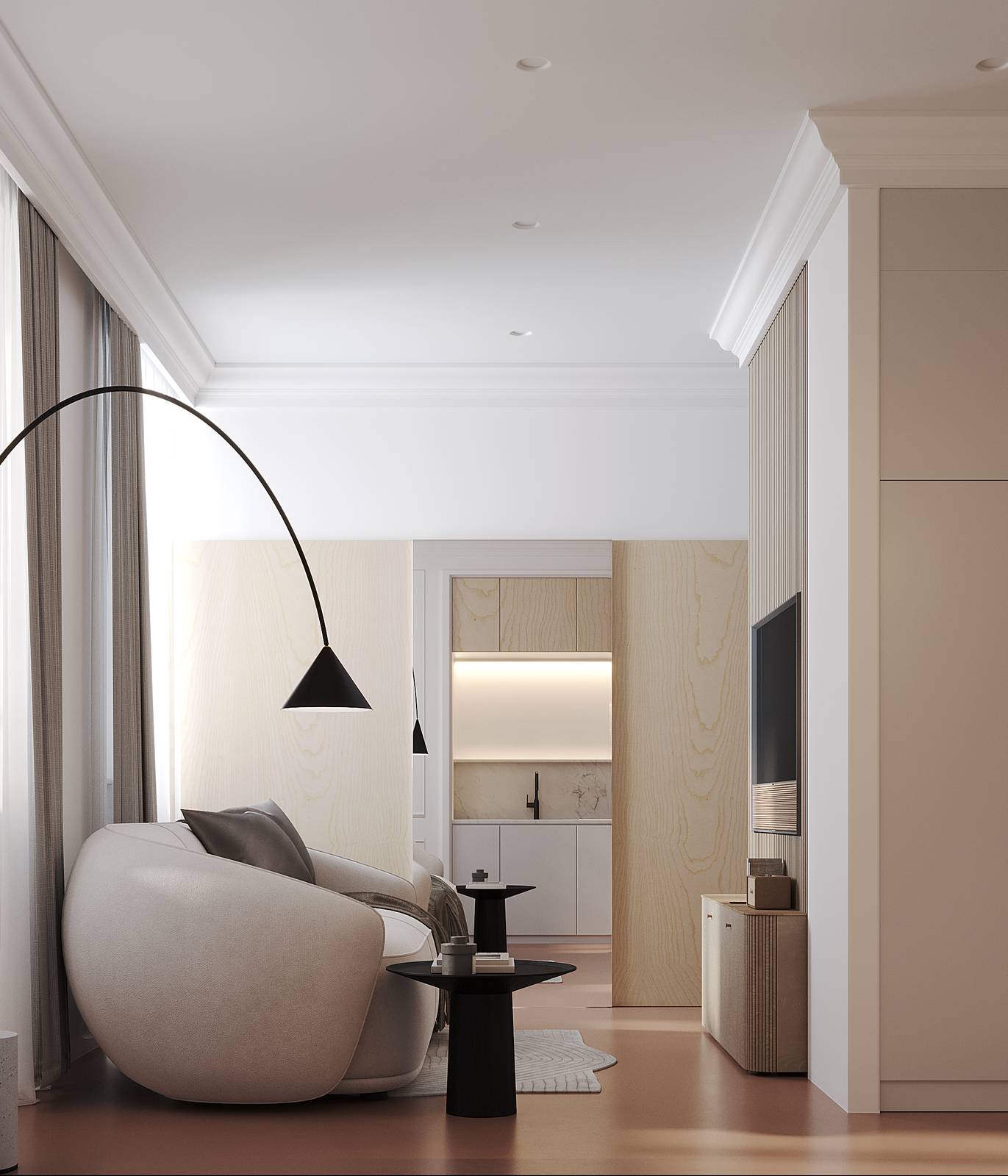 soggiorno con divano bianco burro monolocale trasformato in B&B, progetto Archventil, foto Alessandro Santi