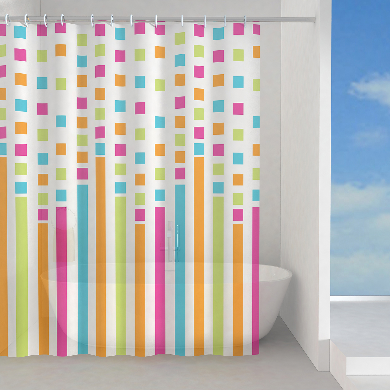 Pesa 350 grammi la tenda per doccia multicolore Party di OBI 100% impermeabile in Peva. Misura L 180 x H 200 cm. Prezzo 10,25 euro. www.obi-italia.it Pesa 350 grammi la tenda per doccia multicolore Party di OBI 100% impermeabile in Peva. Misura L 180 x H 200 cm. Prezzo 10,25 euro. www.obi-italia.it