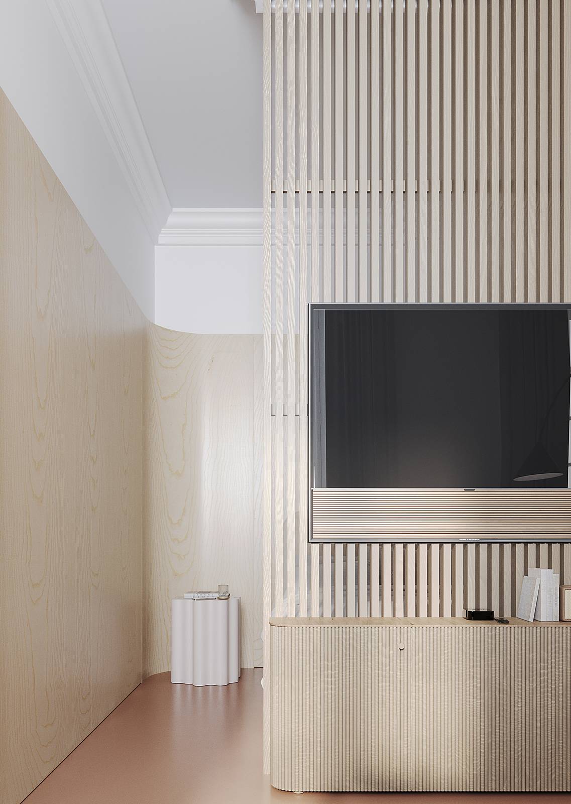 tv a schermo piatto su tramezzo che scherma il letto del monolocale trasformato in B&B, progetto Archventil, foto Alessandro Santi