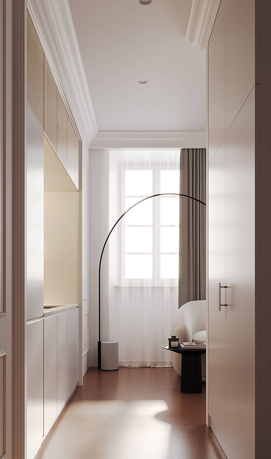 vista laterale cucina inserita a filo in nicchia in monolocale trasformato in B&B, progetto Archventil, foto Alessandro Santi