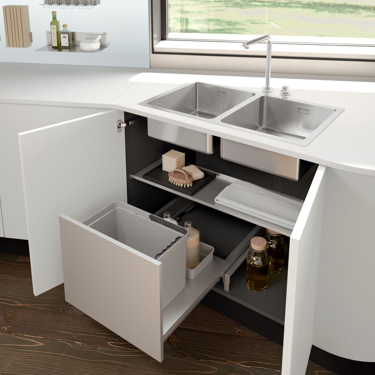 Cucina di Aran - pattumiera collocata nella base chiusa da ante in un cestone estraibile della cucina Erika. www.arancucine.it