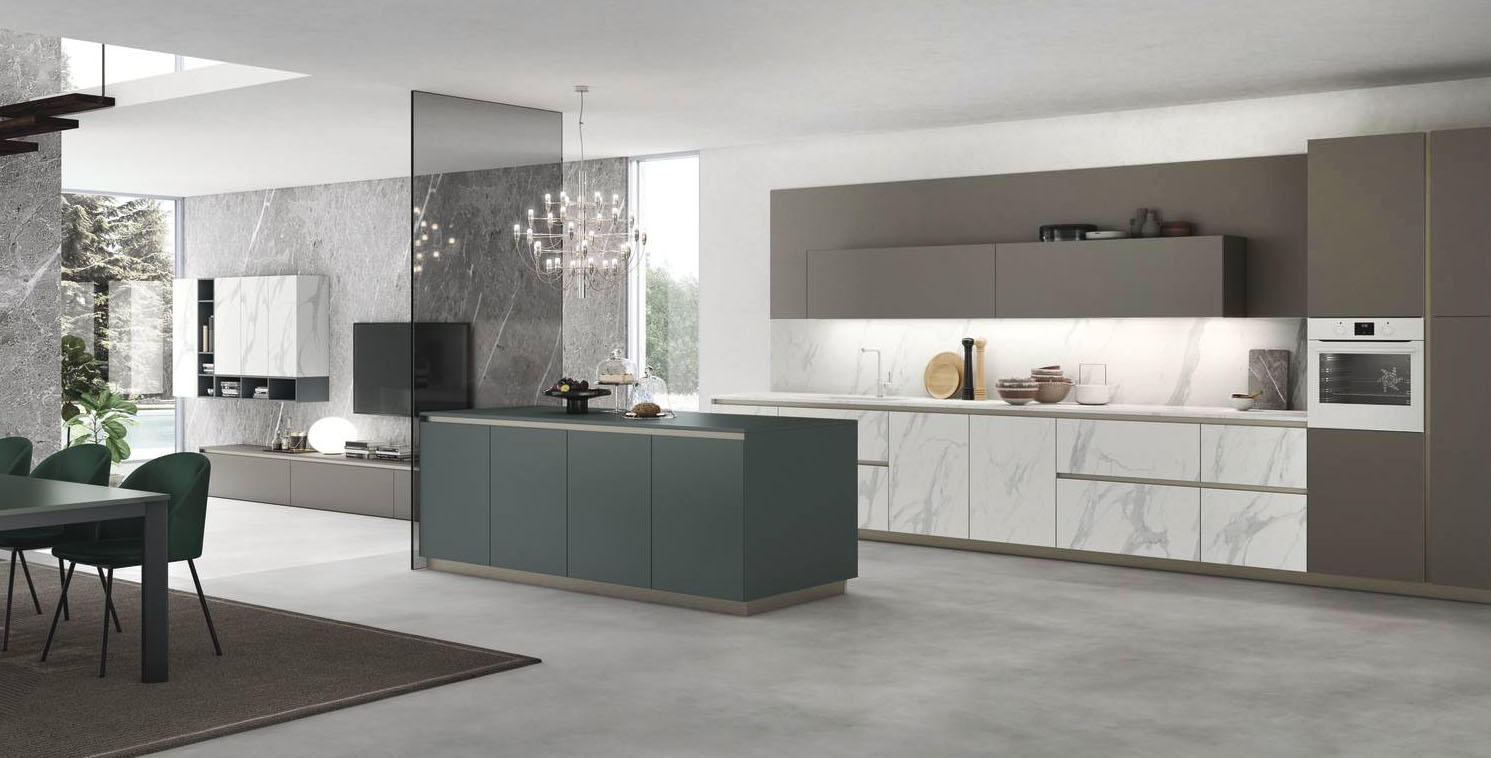 Una linea contemporanea per la composizione AL32 di Arrex Le Cucine che combina finiture diverse: il Fenix Verde Comodoro dell'isola, il vetro opaco Fango delle colonne e dei pensili e l' HPL effetto marmo Calacatta delle basi e del piano di lavoro, tutti materiali facili da pulire. Le gole gli zoccoli Champagne scandiscono la composizione. Prezzo su richiesta. www.arrex.it Una linea contemporanea per la composizione AL32 di Arrex Le Cucine che combina finiture diverse: il Fenix Verde Comodoro dell'isola, il vetro opaco Fango delle colonne e dei pensili e l' HPL effetto marmo Calacatta delle basi e del piano di lavoro, tutti materiali facili da pulire. Le gole gli zoccoli Champagne scandiscono la composizione. Prezzo su richiesta. www.arrex.it