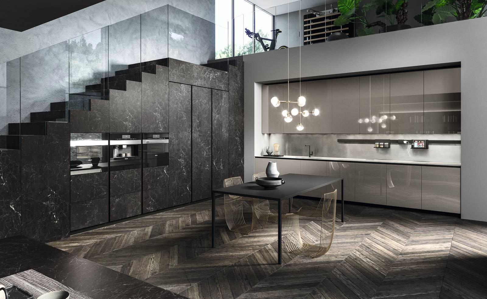 Vetro laccato lucido grigio londra e acciaio inox vintage per la cucina AK04 di Arrital che mixa materiali e finiture diverse, tutti facilmente igienizzabili. La grande armadiatura laterale è composta da colonne con i frontali in gres nero greco effetto marmo. Prezzo su richiesta. www.arrital.it Vetro laccato lucido grigio londra e acciaio inox vintage per la cucina AK04 di Arrital che mixa materiali e finiture diverse, tutti facilmente igienizzabili. La grande armadiatura laterale è composta da colonne con i frontali in gres nero greco effetto marmo. Prezzo su richiesta. www.arrital.it