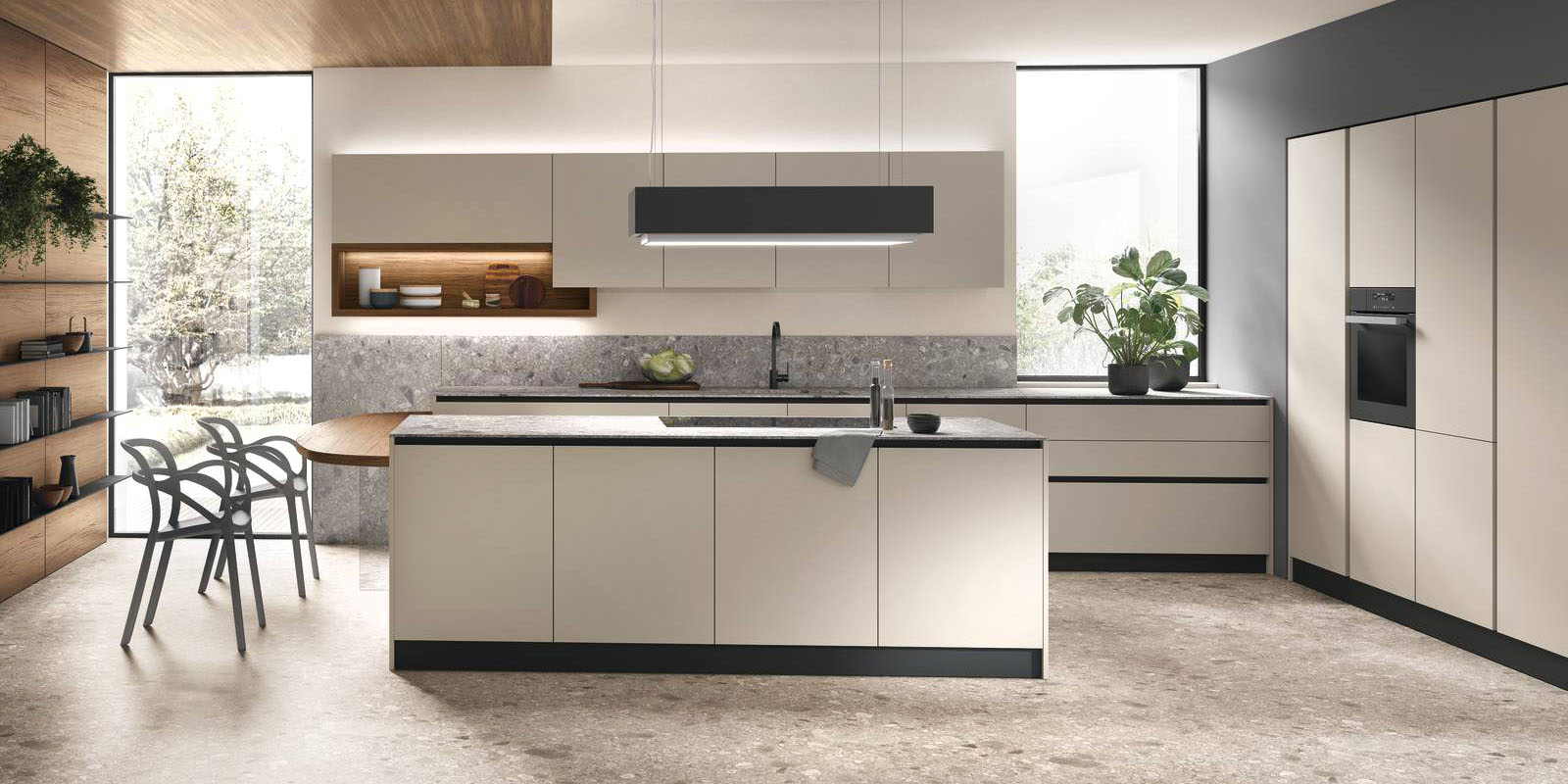 Si sviluppa intorno all'isola centrale Infinity di Stosa Cucine che è facile da pulire grazie alle ante lisce, senza maniglie, realizzate in Pet Beige Seta opaco che rende l'ambiente luminoso. Il pensile a giorno in rovere Anice, coordinato con il bancone snack ovale, “spezza” la composizione. Il top in Neolith® Ceppo di Gre accoglie la zona lavello da un lato e quella cottura dall'altro. Un modulo base da 60 cm, prezzo a partire da 162 euro + Iva. www.stosacucine.com Si sviluppa intorno all'isola centrale Infinity di Stosa Cucine che è facile da pulire grazie alle ante lisce, senza maniglie, realizzate in Pet Beige Seta opaco che rende l'ambiente luminoso. Il pensile a giorno in rovere Anice, coordinato con il bancone snack ovale, “spezza” la composizione. Il top in Neolith® Ceppo di Gre accoglie la zona lavello da un lato e quella cottura dall'altro. Un modulo base da 60 cm, prezzo a partire da 162 euro + Iva. www.stosacucine.com