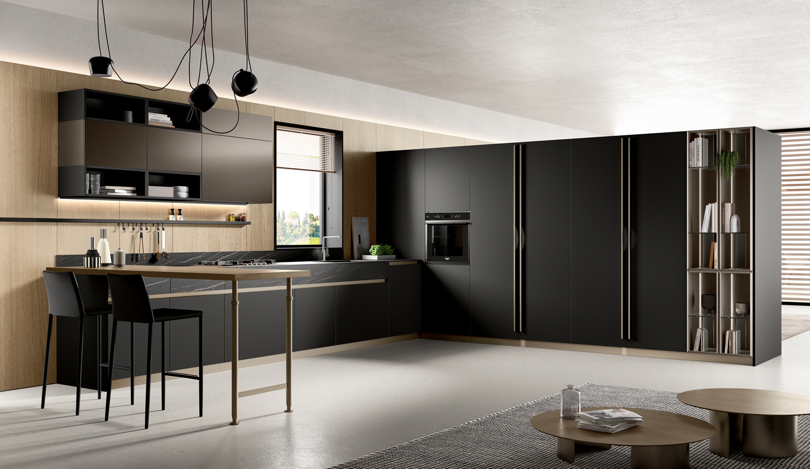 Una raffinata colorazione scura per le ante square con gola della composizione angolare, aperta sul living, del sistema Origina di Febal Casa: è caratterizzata da una serie di vani a giorno tra i pensili che celano la cappa a scomparsa e da un bancone snack laterale, tutti contraddistinti da spessori sottili. La totale integrazione tra il lavello e il piano di lavoro la rende funzionale e facile da pulire. Il piano è in Laminam Noir Desir, che richiama colori caldi e naturali. www.febalcasa.com Una raffinata colorazione scura per le ante square con gola della composizione angolare, aperta sul living, del sistema Origina di Febal Casa: è caratterizzata da una serie di vani a giorno tra i pensili che celano la cappa a scomparsa e da un bancone snack laterale, tutti contraddistinti da spessori sottili. La totale integrazione tra il lavello e il piano di lavoro la rende funzionale e facile da pulire. Il piano è in Laminam Noir Desir, che richiama colori caldi e naturali. www.febalcasa.com