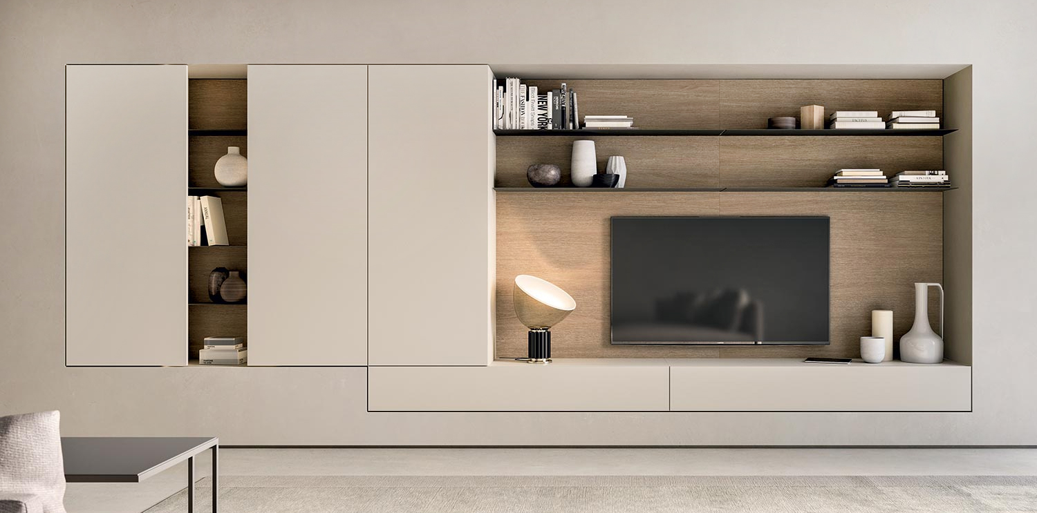 Una serie di basi e colonne in laccato opaco Tortora, montati su uno schienale porta Tv in fashion wood Rovere Canapa, per la grande parete attrezzata Gabri di Alf Dafrè in vendita su TopArredi.com. È  dotata di basi cassetto per alloggiare telecomandi, decoder CD, riviste e altri elementi multimediali essenziali. Misura L 480 x P 44 x H 184 cm. Prezzo 5.899,61 euro  www.toparredi.com Una serie di basi e colonne in laccato opaco Tortora, montati su uno schienale porta Tv in fashion wood Rovere Canapa, per la grande parete attrezzata Gabri di Alf Dafrè in vendita su TopArredi.com. È  dotata di basi cassetto per alloggiare telecomandi, decoder CD, riviste e altri elementi multimediali essenziali. Misura L 480 x P 44 x H 184 cm. Prezzo 5.899,61 euro  www.toparredi.com