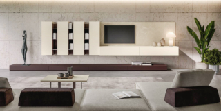 La composizione a parete LV709 della Living Collection 2024 di Giessegi accosta elementi in Laccato liscio Creta, Laccato liscio Brown e Nobilitato Opera: è caratterizzata dalla presenza di una serie di elementi contenitore a sviluppo verticale e orizzontale, da vani a giorno e da una boiserie a cui fissare lo schermo. Misura L 514,4 x P 31,6/33,6/42 x H 128 cm. La composizione a terra in Laccato liscio Brown, che crea un raffinato contrasto con gli elementi appesi, misura L 588,8 x P 42 x H 20,4 cm. Prezzo 4.329 euro + IVA (per la composizione come in foto). www.giessegi.it La composizione a parete LV709 della Living Collection 2024 di Giessegi accosta elementi in Laccato liscio Creta, Laccato liscio Brown e Nobilitato Opera: è caratterizzata dalla presenza di una serie di elementi contenitore a sviluppo verticale e orizzontale, da vani a giorno e da una boiserie a cui fissare lo schermo. Misura L 514,4 x P 31,6/33,6/42 x H 128 cm. La composizione a terra in Laccato liscio Brown, che crea un raffinato contrasto con gli elementi appesi, misura L 588,8 x P 42 x H 20,4 cm. Prezzo 4.329 euro + IVA (per la composizione come in foto). www.giessegi.it