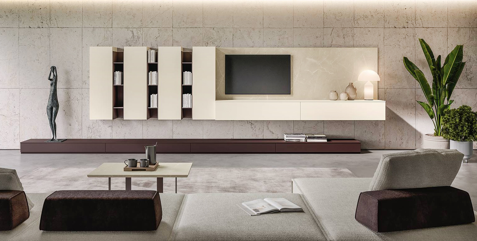La composizione a parete LV709 della Living Collection 2024 di Giessegi accosta elementi in Laccato liscio Creta, Laccato liscio Brown e Nobilitato Opera: è caratterizzata dalla presenza di una serie di elementi contenitore a sviluppo verticale e orizzontale, da vani a giorno e da una boiserie a cui fissare lo schermo. Misura L 514,4 x P 31,6/33,6/42 x H 128 cm. La composizione a terra in Laccato liscio Brown, che crea un raffinato contrasto con gli elementi appesi, misura L 588,8 x P 42 x H 20,4 cm. Prezzo 4.329 euro + IVA (per la composizione come in foto). www.giessegi.it La composizione a parete LV709 della Living Collection 2024 di Giessegi accosta elementi in Laccato liscio Creta, Laccato liscio Brown e Nobilitato Opera: è caratterizzata dalla presenza di una serie di elementi contenitore a sviluppo verticale e orizzontale, da vani a giorno e da una boiserie a cui fissare lo schermo. Misura L 514,4 x P 31,6/33,6/42 x H 128 cm. La composizione a terra in Laccato liscio Brown, che crea un raffinato contrasto con gli elementi appesi, misura L 588,8 x P 42 x H 20,4 cm. Prezzo 4.329 euro + IVA (per la composizione come in foto). www.giessegi.it