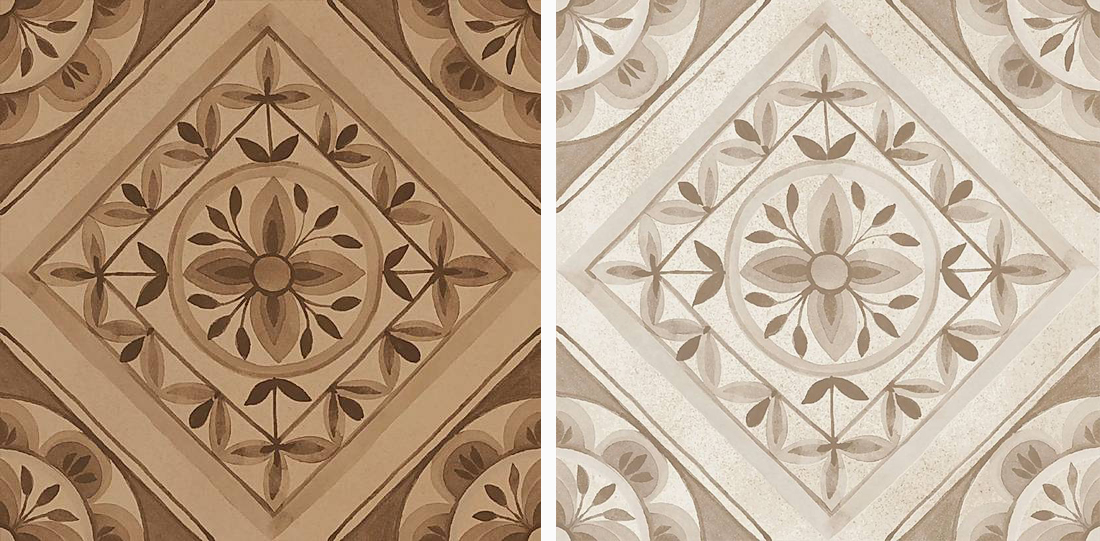 Crogiolo ArtCraft di Marazzi, nel decoro Quadri qui in tinta Pomice e Coccio, sintetizza memoria della tradizione e innovazione industriale del gres porcellanato. Disponibile anche Sabbia, misura 20 x 20 cm e costa da 61,40 euro al mq + Iva. www.marazzi.it