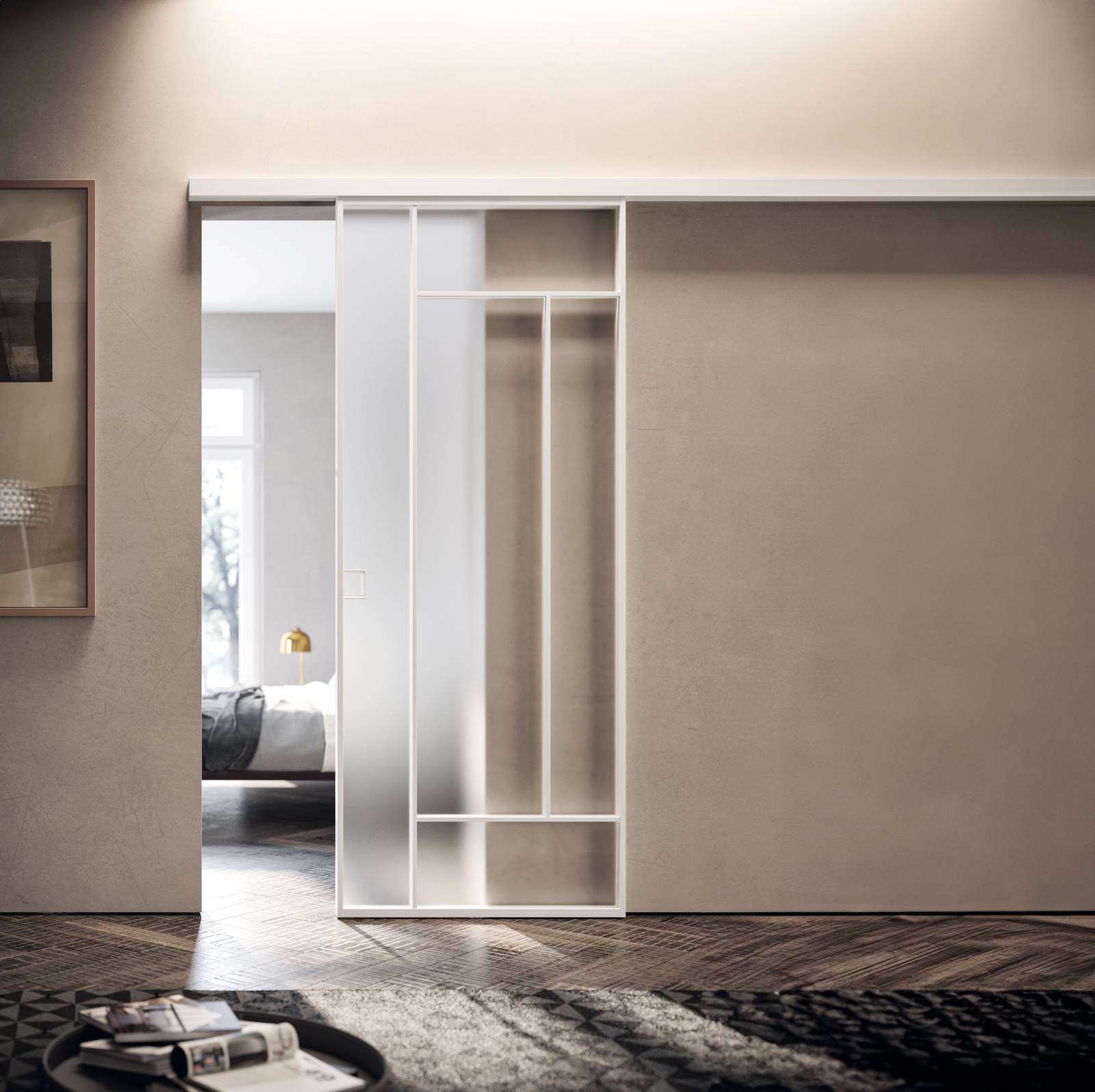 GLASS BIANCO, Colorado, plana, scorrevole esterno muro, bianco opaco, vetro satinato extrachiaro, C-Large GLASS BIANCO, Colorado, plana, scorrevole esterno muro, bianco opaco, vetro satinato extrachiaro, C-Large