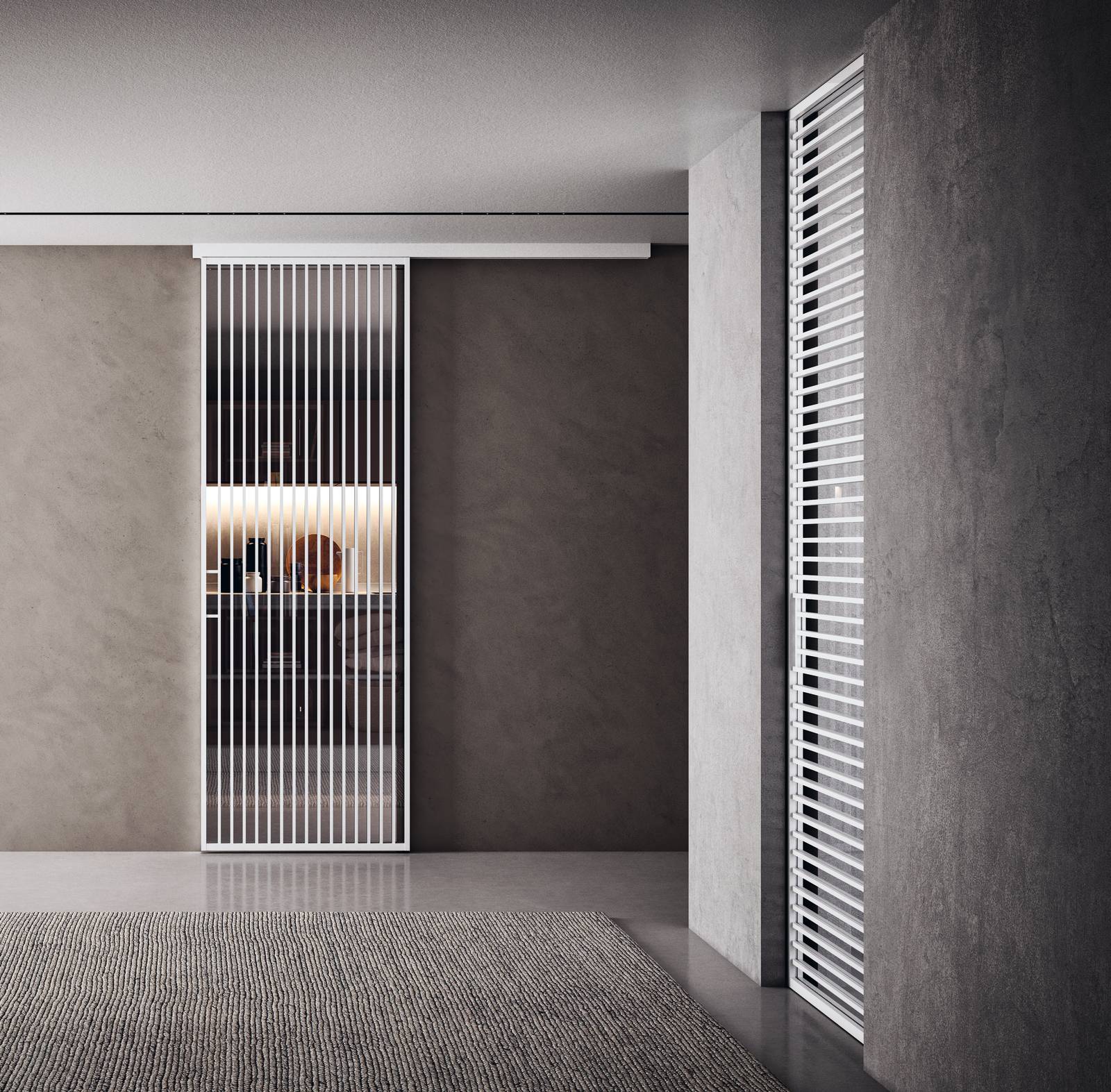 GLASS BIANCO, Kansas, plana, bianco opaco, vetro trasparente extrachiaro, maniglia integrata GLASS BIANCO, Kansas, plana, bianco opaco, vetro trasparente extrachiaro, maniglia integrata