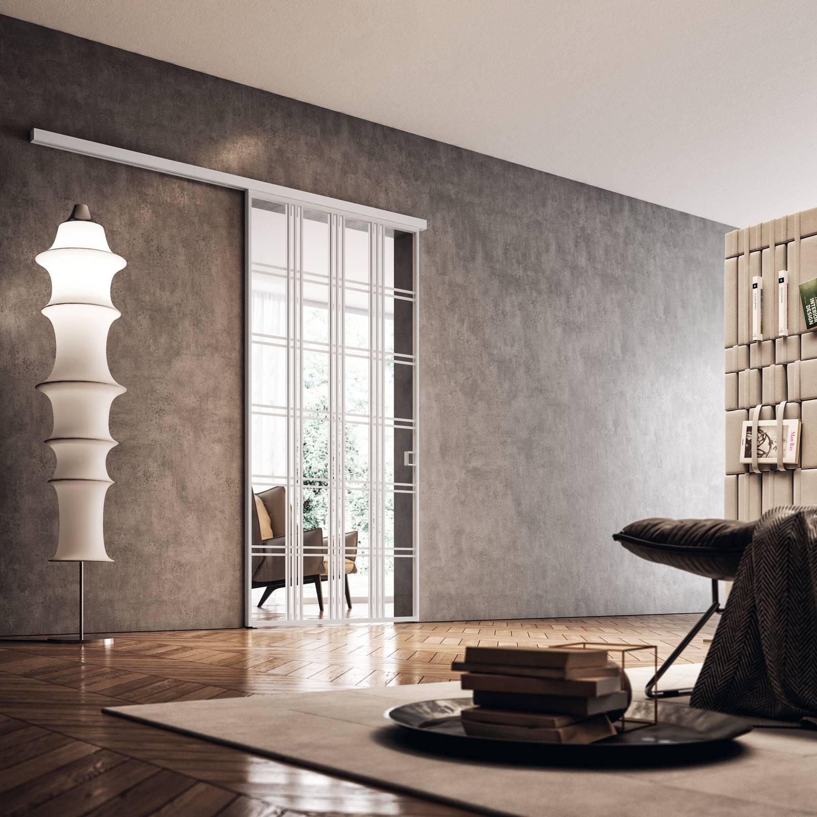 GLASS BIANCO, Oregon, plana, scorrevole esterno muro, bianco opaco, vetro trasparente extrachiaro, maniglia C-Large GLASS BIANCO, Oregon, plana, scorrevole esterno muro, bianco opaco, vetro trasparente extrachiaro, maniglia C-Large