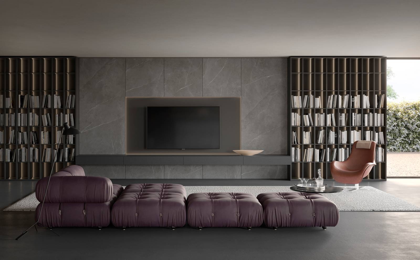 Parete TV con boiserie Architype a doppia profondità, base sospesa con ribalte e librerie laterali illuminate.