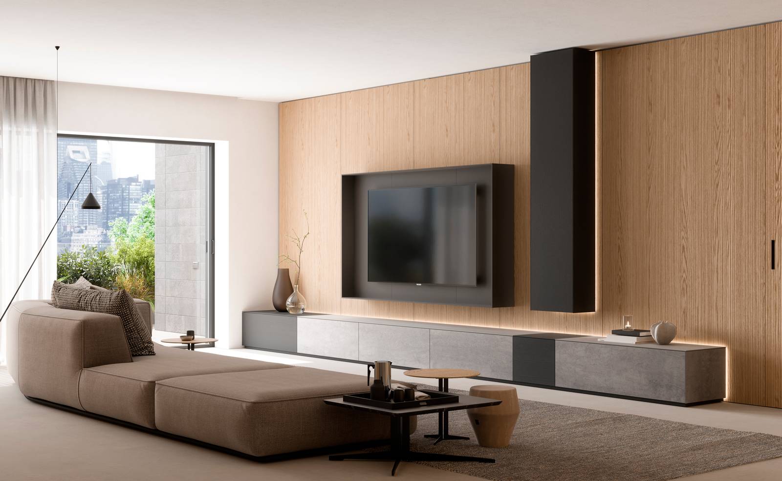 La boiserie in rovere canneté accoglie una parete attrezzata Wallover, composta da Cornice TV, Pilastro sospeso e Base a terra.