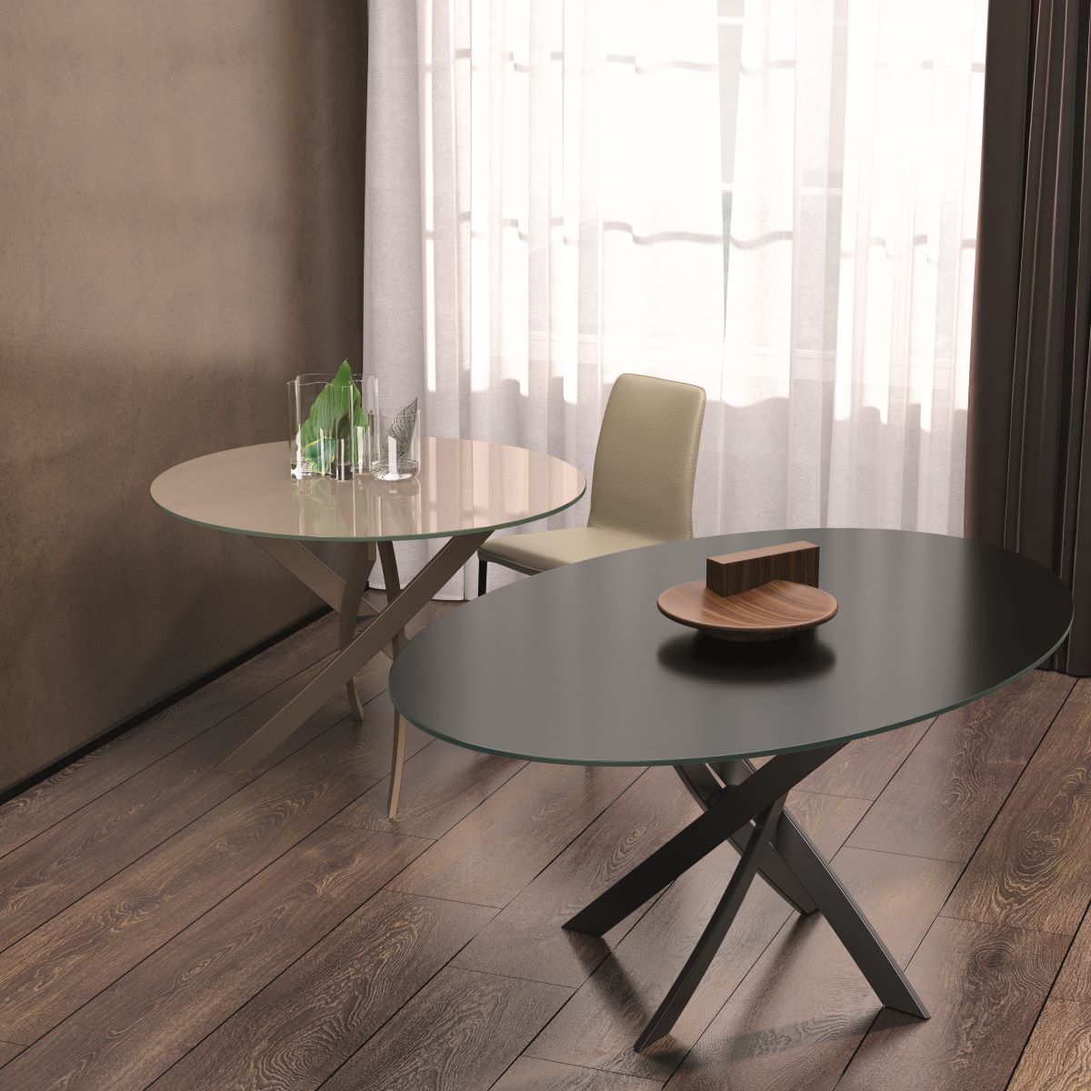 Le gambe inclinate e sovrapposte del tavolo Madeira di Febal Casa formano un disegno geometrico dall’effetto tridimensionale, ottenendo un risultato elegante ed equilibrato. La base in metallo è disponibile in finitura Ottone Scuro, Nero, Antracite e Sabbia mentre il piano di forma rotonda, ovale fisso o allungabile è configurabile nei materiali cristallo lucido, cristallo velvet, superceramica, supermarmo opaco, supermarmo lucido e legno impiallacciato. Le misure partono da  ø 110 cm. Prezzo da rivenditore. Le gambe inclinate e sovrapposte del tavolo Madeira di Febal Casa formano un disegno geometrico dall’effetto tridimensionale, ottenendo un risultato elegante ed equilibrato. La base in metallo è disponibile in finitura Ottone Scuro, Nero, Antracite e Sabbia mentre il piano di forma rotonda, ovale fisso o allungabile è configurabile nei materiali cristallo lucido, cristallo velvet, superceramica, supermarmo opaco, supermarmo lucido e legno impiallacciato. Le misure partono da  ø 110 cm. Prezzo da rivenditore.