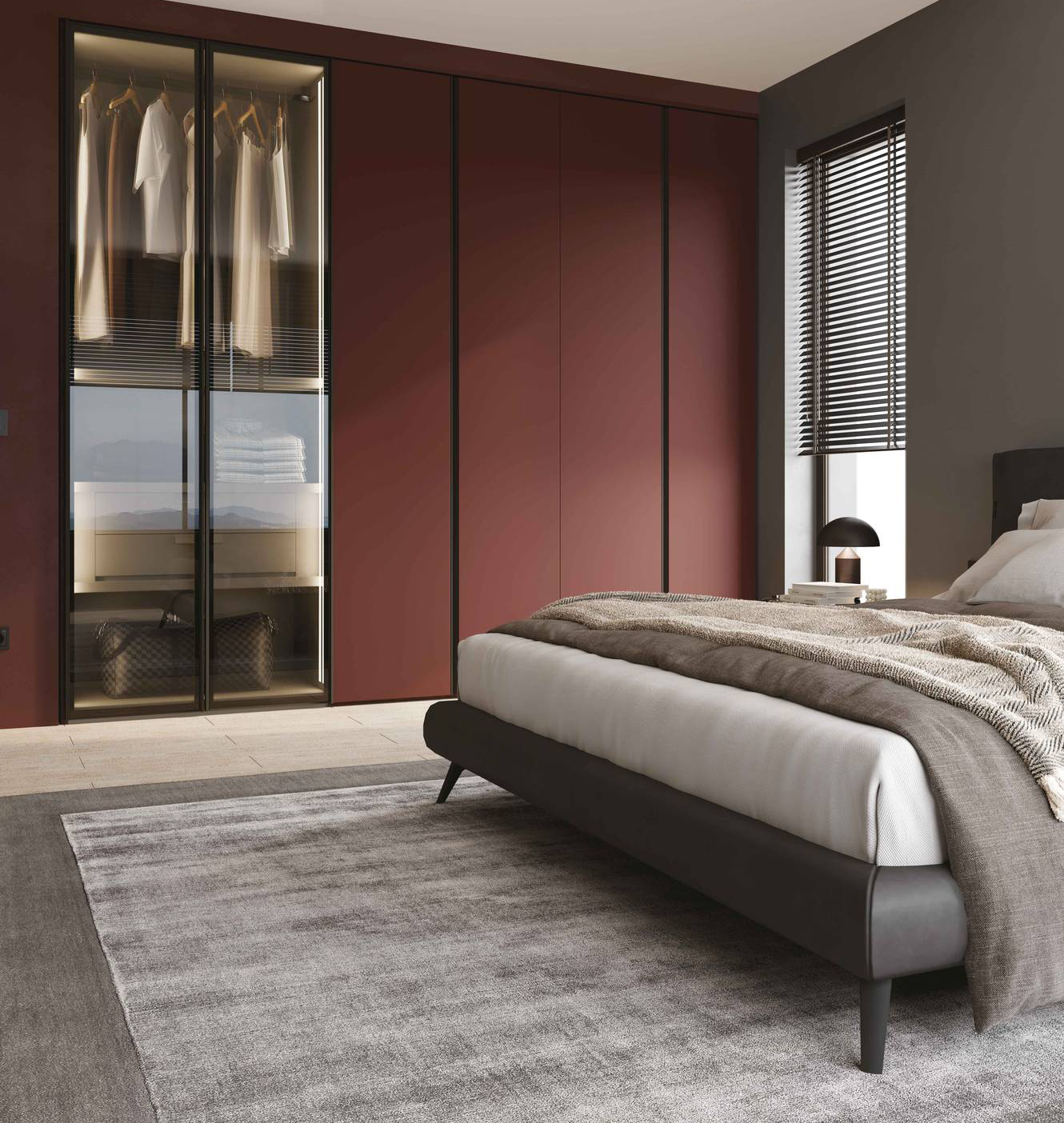 Un'intensa colorazione per le sei ante battenti in laccato opaco dell'armadio Mood Night 01 di La Casa Moderna che è “illuminato” dalla presenza di due ante in vetro fumé che lasciano intravedere gli abiti e gli accessori all'interno come in una vetrina. Misura L 302,5 x P 60,9 x H 258 cm. Prezzo a partire da 2.970 euro. www.lacasamoderna.it