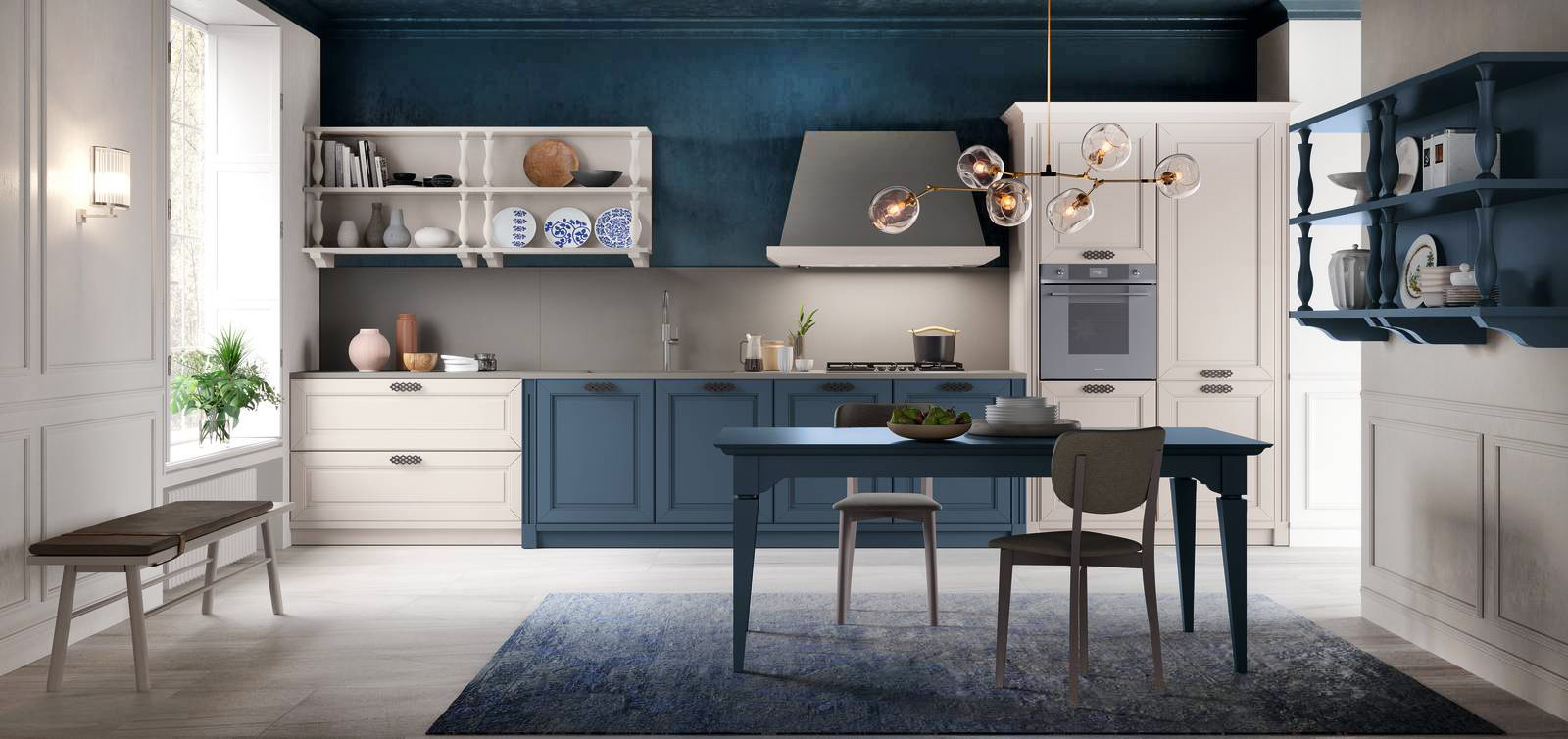 La cucina Dolcevita di Stosa si sviluppa intorno al tavolo allungabile in laccato Blu Nettuno opaco coordinato con le quattro basi centrali e i doppi pensili a giorno con colonnine. Le colonne sono in laccato opaco Corda. Le ante modanate sono impreziosite dalle maniglie con finitura argento satinato. Un modulo base da 60 cm, prezzo a partire da 280 euro + IVA. www.stosacucine.com La cucina Dolcevita di Stosa si sviluppa intorno al tavolo allungabile in laccato Blu Nettuno opaco coordinato con le quattro basi centrali e i doppi pensili a giorno con colonnine. Le colonne sono in laccato opaco Corda. Le ante modanate sono impreziosite dalle maniglie con finitura argento satinato. Un modulo base da 60 cm, prezzo a partire da 280 euro + IVA. www.stosacucine.com