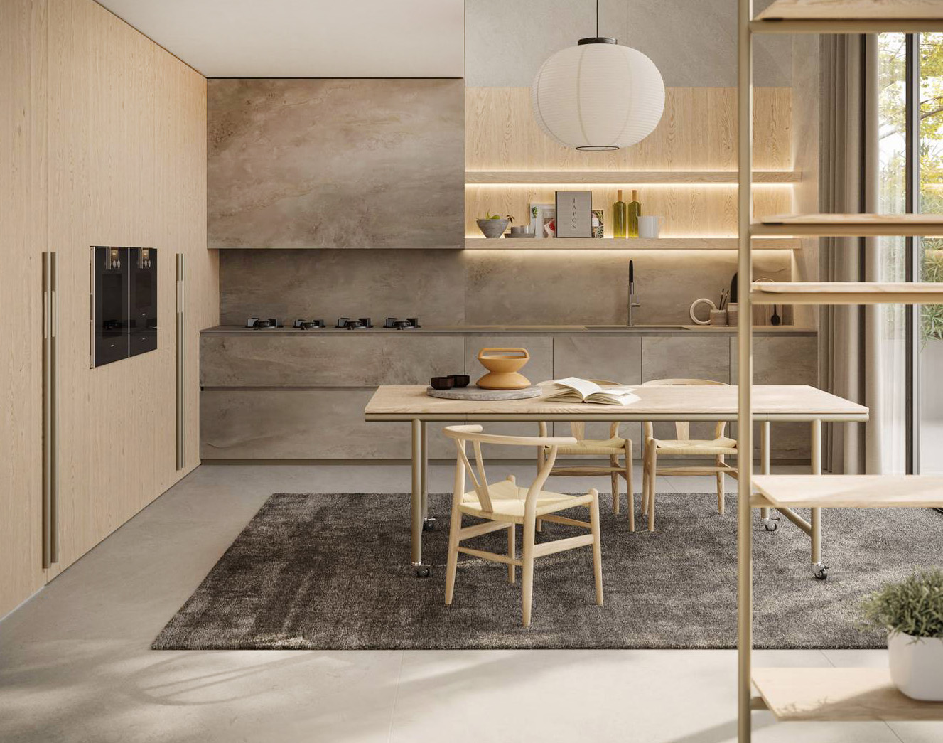 Fa parte della collezione Irori di Zampieri la cucina che si sviluppa intorno al tavolo rettangolare con il piano in Rovere Strip Ossidato naturale, abbinato allo schienale con le mensole, alle colonne e alla libreria, con la struttura in tubolare metallico verniciato titanio satinato, con ruote. Le ante lisce delle basi e il top sono declinate nella finitura Inalco Vint. Lo schienale è dotato di mensole retro illuminate. Il tavolo misura L 200 x P 95 x H 75 cm. Prezzo su richiesta. www.zampiericucine.it Fa parte della collezione Irori di Zampieri la cucina che si sviluppa intorno al tavolo rettangolare con il piano in Rovere Strip Ossidato naturale, abbinato allo schienale con le mensole, alle colonne e alla libreria, con la struttura in tubolare metallico verniciato titanio satinato, con ruote. Le ante lisce delle basi e il top sono declinate nella finitura Inalco Vint. Lo schienale è dotato di mensole retro illuminate. Il tavolo misura L 200 x P 95 x H 75 cm. Prezzo su richiesta. www.zampiericucine.it