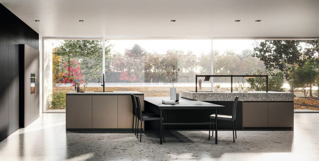 Un'alternanza di volumi per la grande isola della cucina Kalì 02 di Arredo3 che “accoglie” il tavolo coordinato nella colorazione: le ante delle basi sono in Fenix, il piano di lavoro in lastre ceramiche di grande formato Infinity Milan Stone. Il piano ribassato del tavolo è realizzato in laminato rovere fumé su supporto in metallo nero. Prezzo su richiesta. www.arredo3.it Un'alternanza di volumi per la grande isola della cucina Kalì 02 di Arredo3 che “accoglie” il tavolo coordinato nella colorazione: le ante delle basi sono in Fenix, il piano di lavoro in lastre ceramiche di grande formato Infinity Milan Stone. Il piano ribassato del tavolo è realizzato in laminato rovere fumé su supporto in metallo nero. Prezzo su richiesta. www.arredo3.it