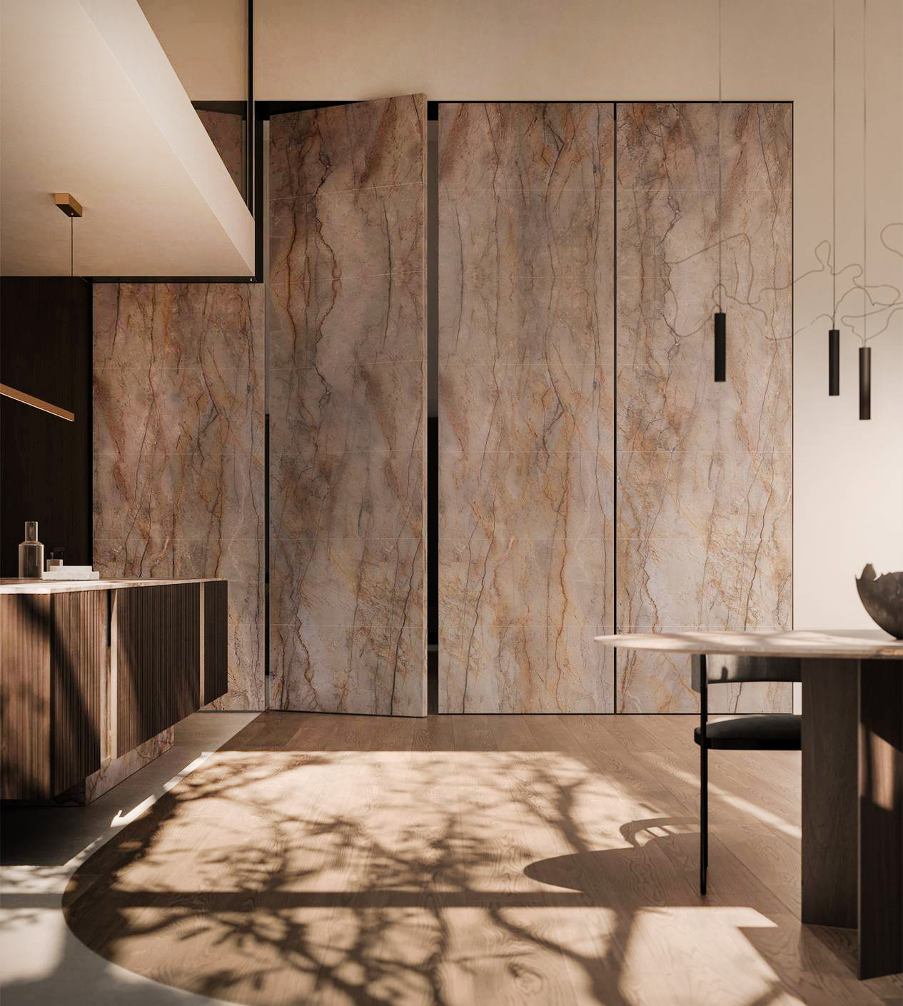 Si sviluppa intorno all'isola sospesa Vertical la composizione di Modulnova che è caratterizzata dalle scenografiche porte Bilico in Marmo Silver Roots e dalle nuove ante in vetro del programma Glass. Le basi dell'isola hanno le ante cannettate in Noce Moka del programma Groove con il nuovo sistema di apertura senza maniglia Gola Verticale Vertical. Il tavolo ha il piano in pietra coordinato con il top dell'isola e delle ante a parete. Prezzo su richiesta.  www.modulnova.it Si sviluppa intorno all'isola sospesa Vertical la composizione di Modulnova che è caratterizzata dalle scenografiche porte Bilico in Marmo Silver Roots e dalle nuove ante in vetro del programma Glass. Le basi dell'isola hanno le ante cannettate in Noce Moka del programma Groove con il nuovo sistema di apertura senza maniglia Gola Verticale Vertical. Il tavolo ha il piano in pietra coordinato con il top dell'isola e delle ante a parete. Prezzo su richiesta.  www.modulnova.it