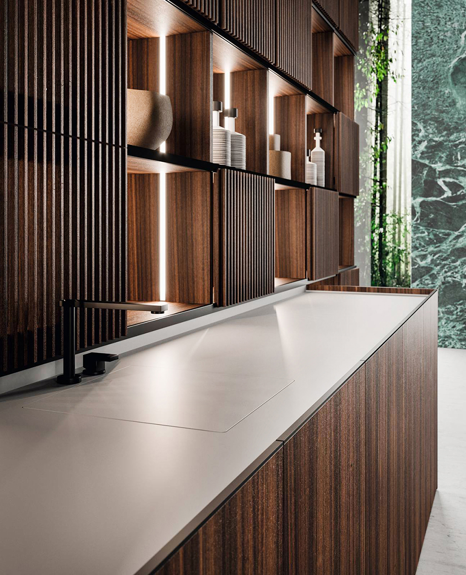 Si ispira al Giappone la cucina Bosco di Rastelli che abbina alle ante lisce delle basi impiallacciate in eucalipto il top in Corian® Silver Gray, con il lavello a scomparsa, che rende resistente e funzionale la zona operativa. Lo scaffale a giorno con i pannelli scorrevoli completa la composizione. Prezzo su richiesta. www.rastelli.com Si ispira al Giappone la cucina Bosco di Rastelli che abbina alle ante lisce delle basi impiallacciate in eucalipto il top in Corian® Silver Gray, con il lavello a scomparsa, che rende resistente e funzionale la zona operativa. Lo scaffale a giorno con i pannelli scorrevoli completa la composizione. Prezzo su richiesta. www.rastelli.com