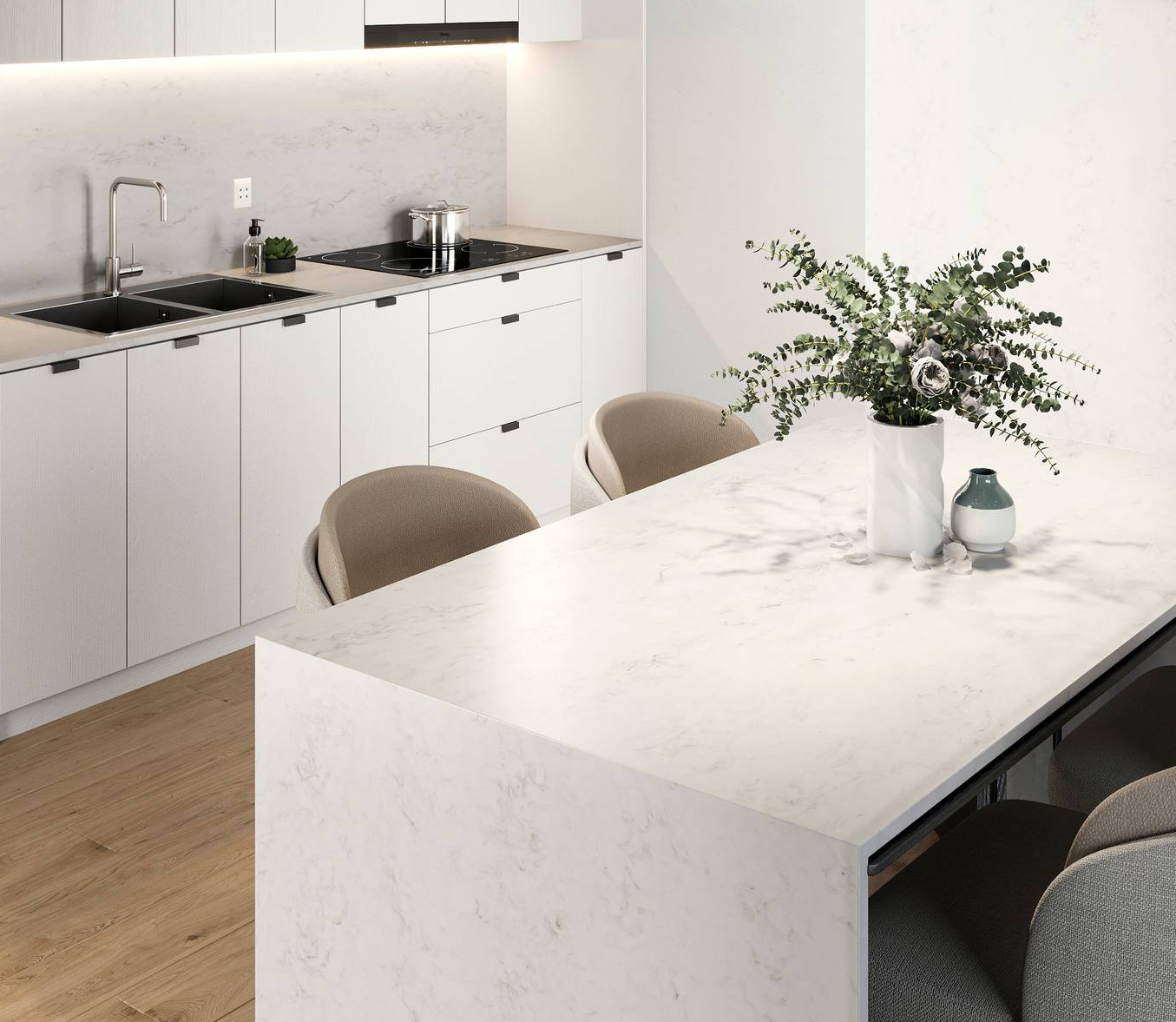 La cucina bianca di Porcelanosa ha i piani realizzati con la superficie solida uniforme Krion®, un minerale compatto che ricorda la pietra naturale e può essere riciclato al 100%: è igienico, resistente agli urti, alle macchie e al calore. Inoltre, può essere riparato grazie alla levigatura della superficie. Prezzo su richiesta. www.porcelanosa.com La cucina bianca di Porcelanosa ha i piani realizzati con la superficie solida uniforme Krion®, un minerale compatto che ricorda la pietra naturale e può essere riciclato al 100%: è igienico, resistente agli urti, alle macchie e al calore. Inoltre, può essere riparato grazie alla levigatura della superficie. Prezzo su richiesta. www.porcelanosa.com