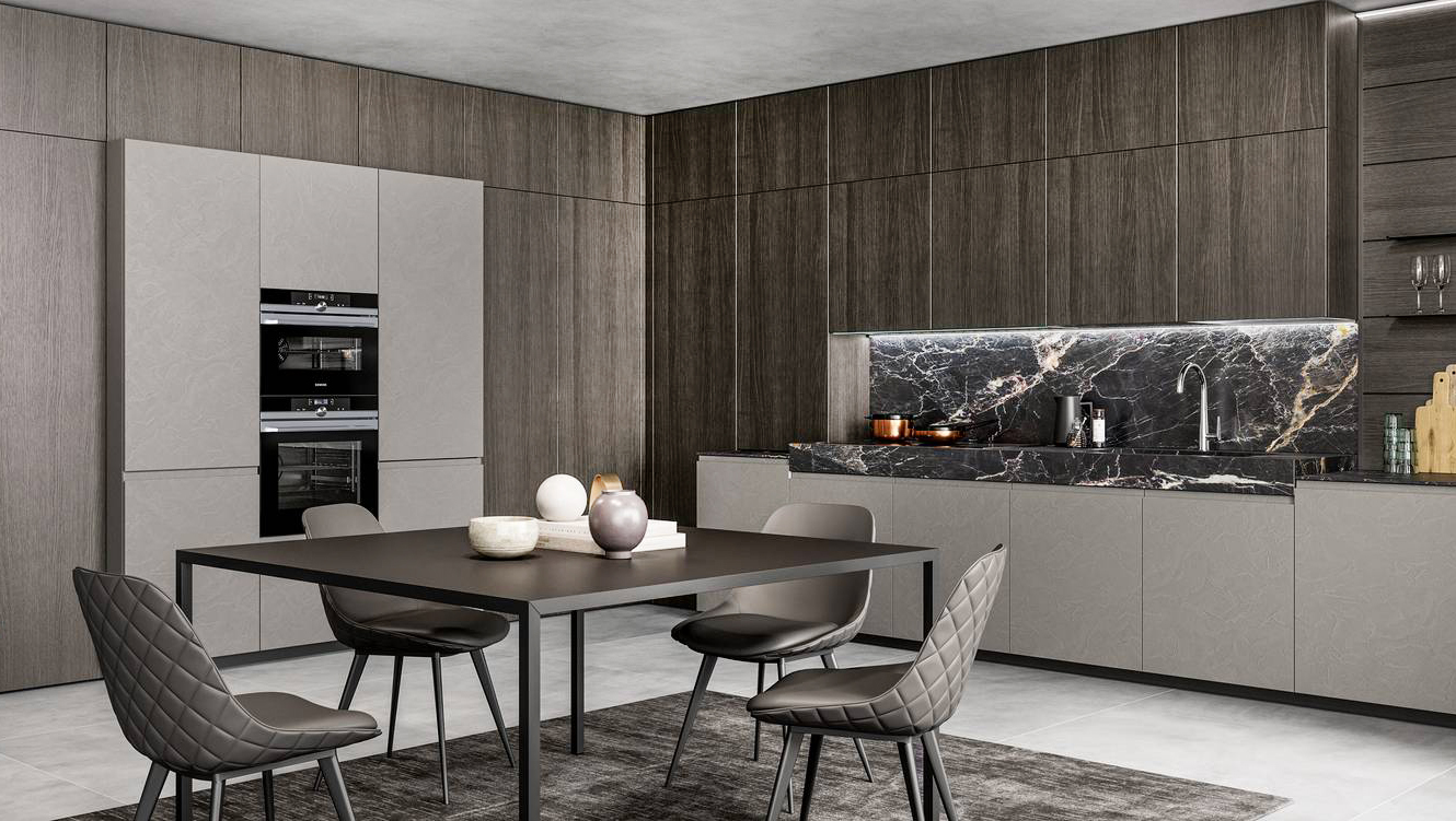 Il top a spessore maggiorato e lo schienale in Abitum Marmo Nero Rigato impreziosiscono il blocco operativo della cucina angolare Wega di Arredo3 che ha le basi con le ante lisce in PET opaco nella finitura resina cromo come le colonne. Le colonne e i sopra-colonne hanno le ante Asia in impiallacciato coke. Prezzo su richiesta. www.arredo3.it Il top a spessore maggiorato e lo schienale in Abitum Marmo Nero Rigato impreziosiscono il blocco operativo della cucina angolare Wega di Arredo3 che ha le basi con le ante lisce in PET opaco nella finitura resina cromo come le colonne. Le colonne e i sopra-colonne hanno le ante Asia in impiallacciato coke. Prezzo su richiesta. www.arredo3.it