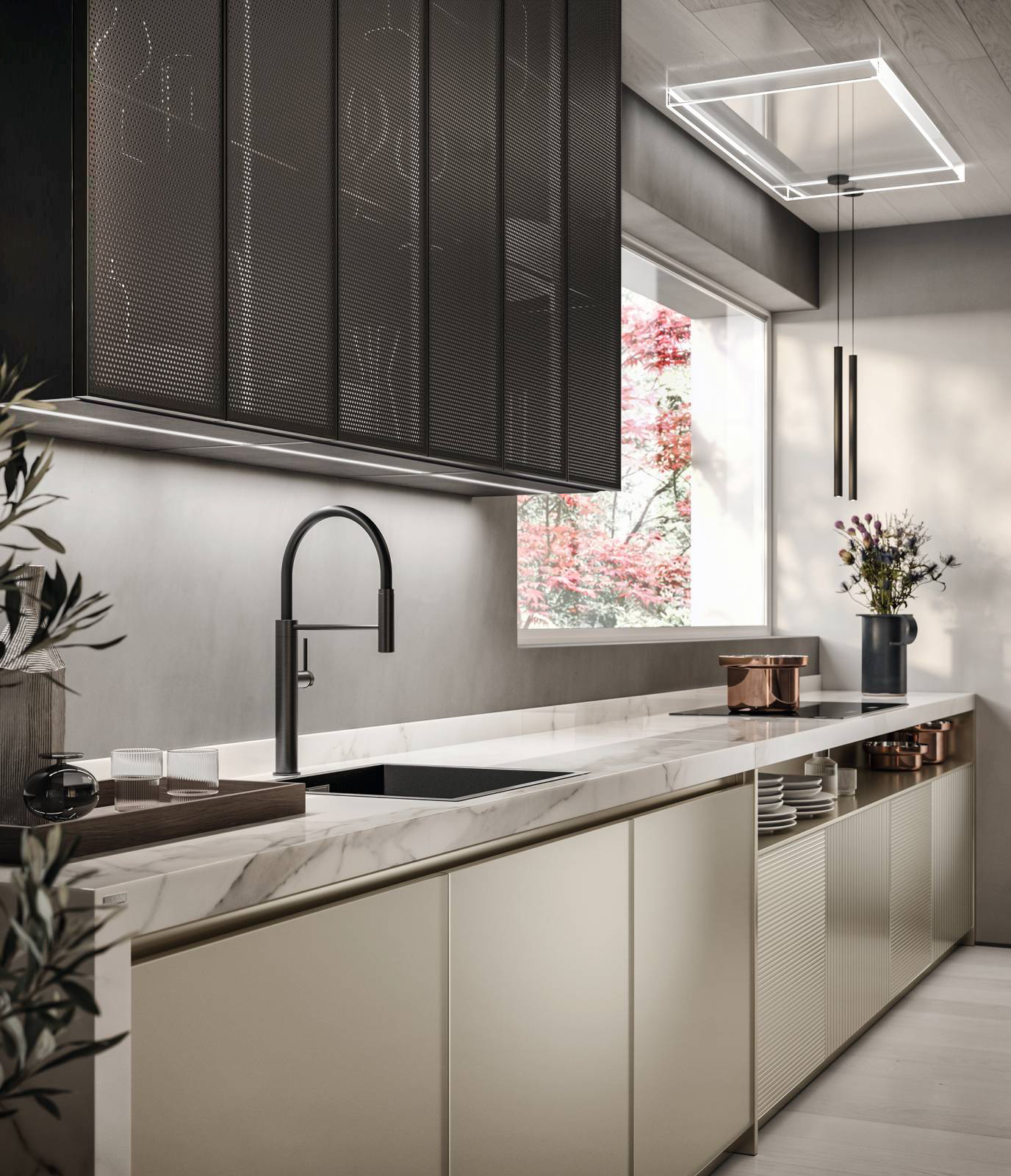 Ha il piano realizzato in Gres Porcellanato Calacatta Oro Alux la composizione lineare Libra di Scavolini che è composta dalle basi con ante in vetro opaco Perlage, affiancate a quelle in vetro dogato Perlage. I pensili verticali hanno le ante con il telaio Alluminio nella finitura Acciaio Scuro e la rete metallica Round. Prezzo su richiesta. www.scavolini.com Ha il piano realizzato in Gres Porcellanato Calacatta Oro Alux la composizione lineare Libra di Scavolini che è composta dalle basi con ante in vetro opaco Perlage, affiancate a quelle in vetro dogato Perlage. I pensili verticali hanno le ante con il telaio Alluminio nella finitura Acciaio Scuro e la rete metallica Round. Prezzo su richiesta. www.scavolini.com