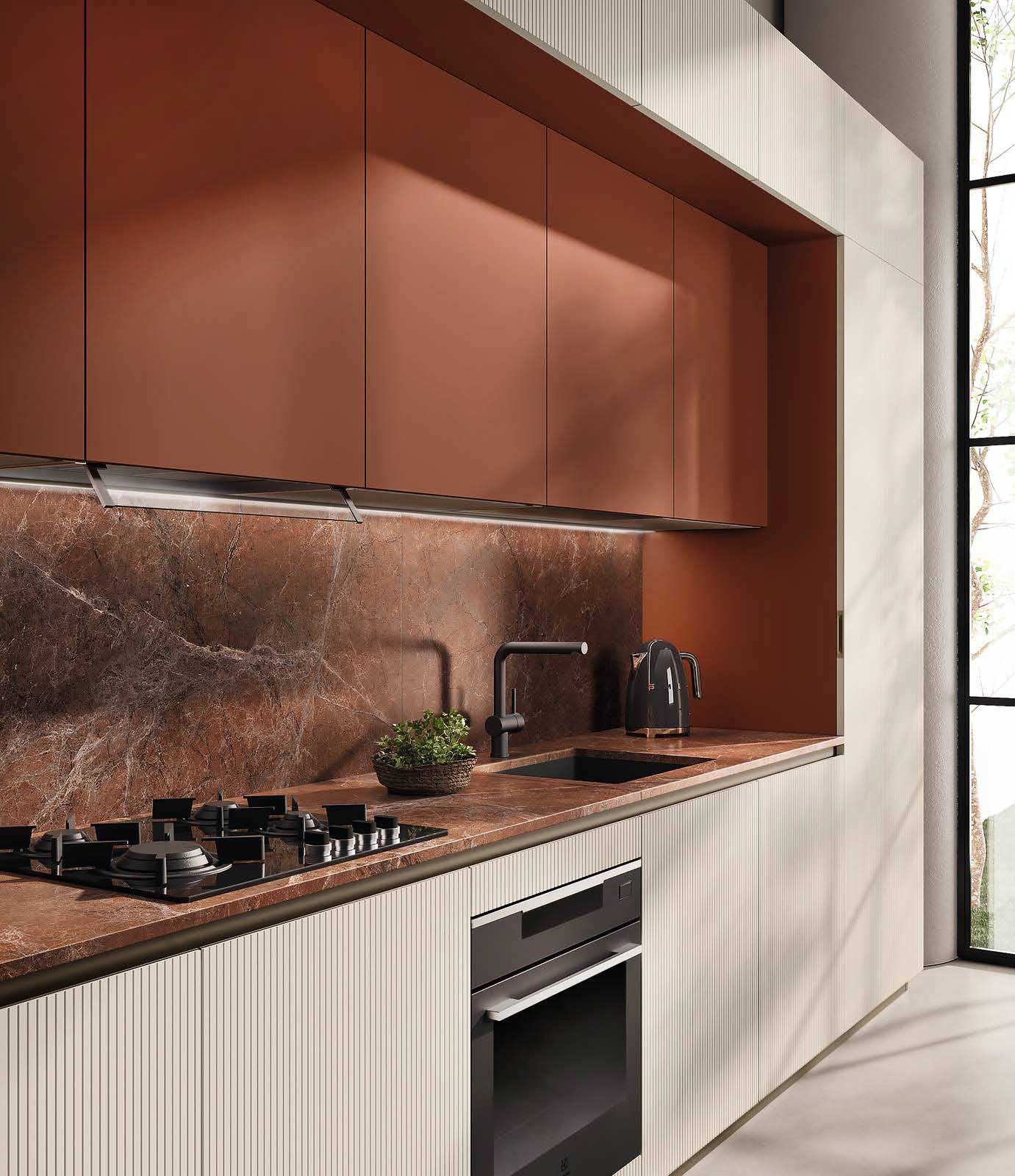 Una colorazione intensa per il piano di lavoro e lo schienale della cucina Mira di Scavolini che sono realizzati in Quarzite Brown Chocolate. Le ante delle basi e dei pensili in laccato dogato opaco Tortora danno vita a un raffinato contrasto con quelli dei pensili a sviluppo verticale in laccato opaco Ruggine. Prezzo su richiesta. www.scavolini.com Una colorazione intensa per il piano di lavoro e lo schienale della cucina Mira di Scavolini che sono realizzati in Quarzite Brown Chocolate. Le ante delle basi e dei pensili in laccato dogato opaco Tortora danno vita a un raffinato contrasto con quelli dei pensili a sviluppo verticale in laccato opaco Ruggine. Prezzo su richiesta. www.scavolini.com