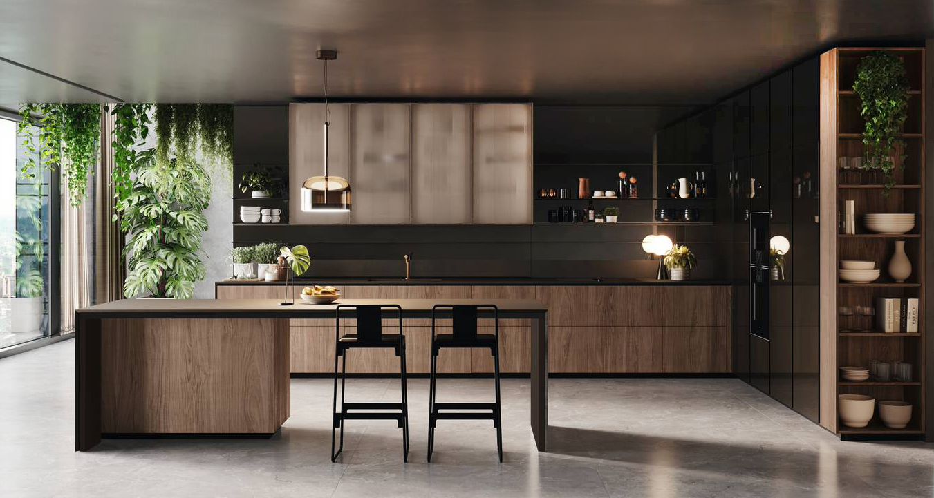 Legno certificato FSC® e assenza di collanti per la cucina Forma Mentis di Valcucine che ha le ante delle basi, costruite con i bordi inclinati per agevolare la presa senza maniglie, realizzate in pregiato  Noce Canaletto. Lo scultoreo bancone colazione Origami, leggero e funzionale nello stesso tempo, ha il top in Mdj Terra come il piano di lavoro. Le colonne a parete sono in Laccato Lucido Bronzo. Prezzo su richiesta. www.valcucine.com