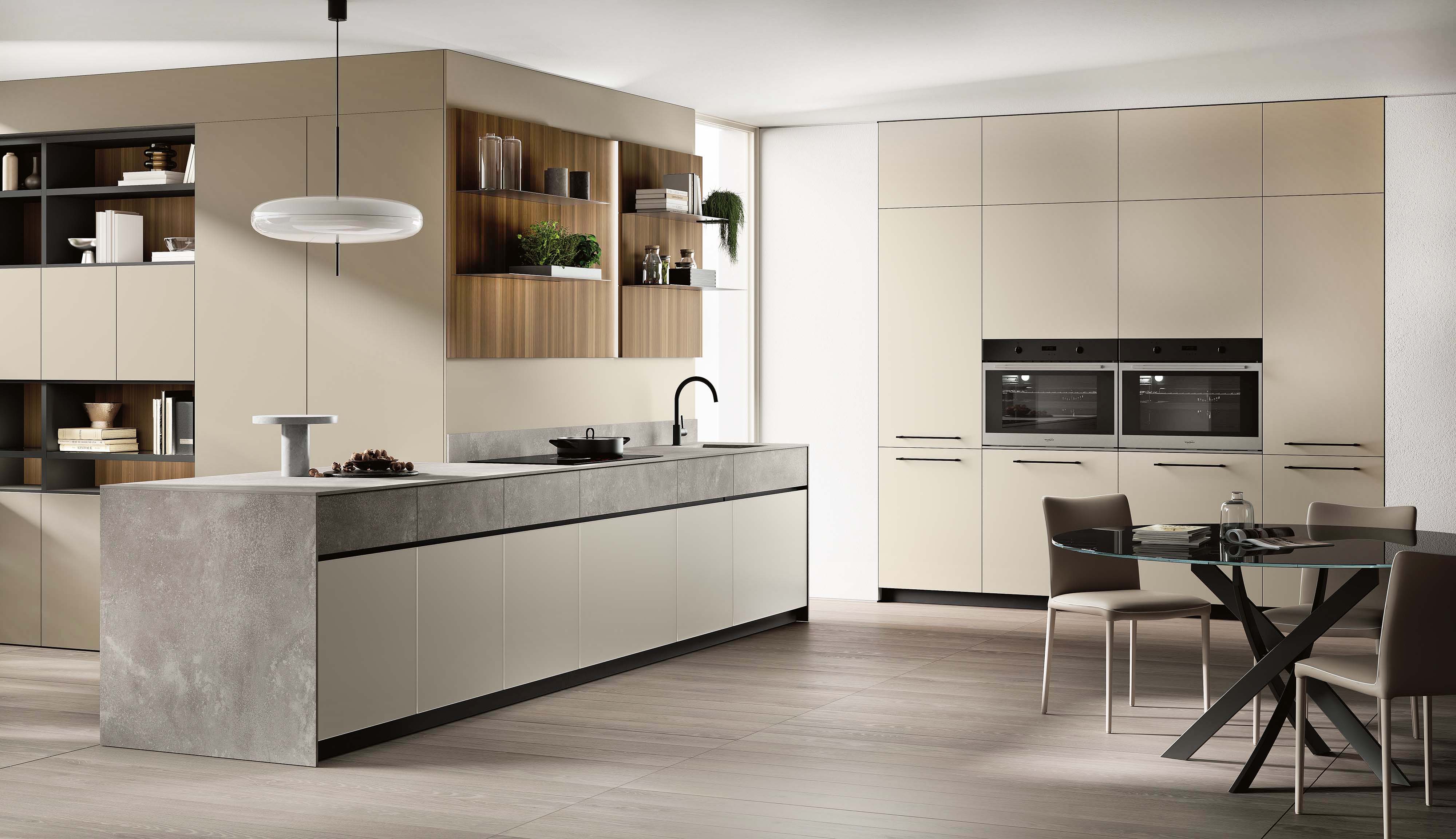 Materiali sostenibili per la cucina aperta sul living Origina di Febal Casa che è composta da un blocco parete con il top e i cassetti in Neolith® New York silk; il piano cottura con la cappa integrata permette di sfruttare lo spazio in altezza. Il Neolith® è un materiale 100% naturale, senza resine, con caratteristiche straordinarie: è resistente ai graffi e al fuoco, è facile da igienizzare e  idoneo al contatto con gli alimenti. Un modulo base da 60 cm completo di zoccolo, gola, top e alzatina, prezzo a partire da 455 euro. www.febalcasa.com