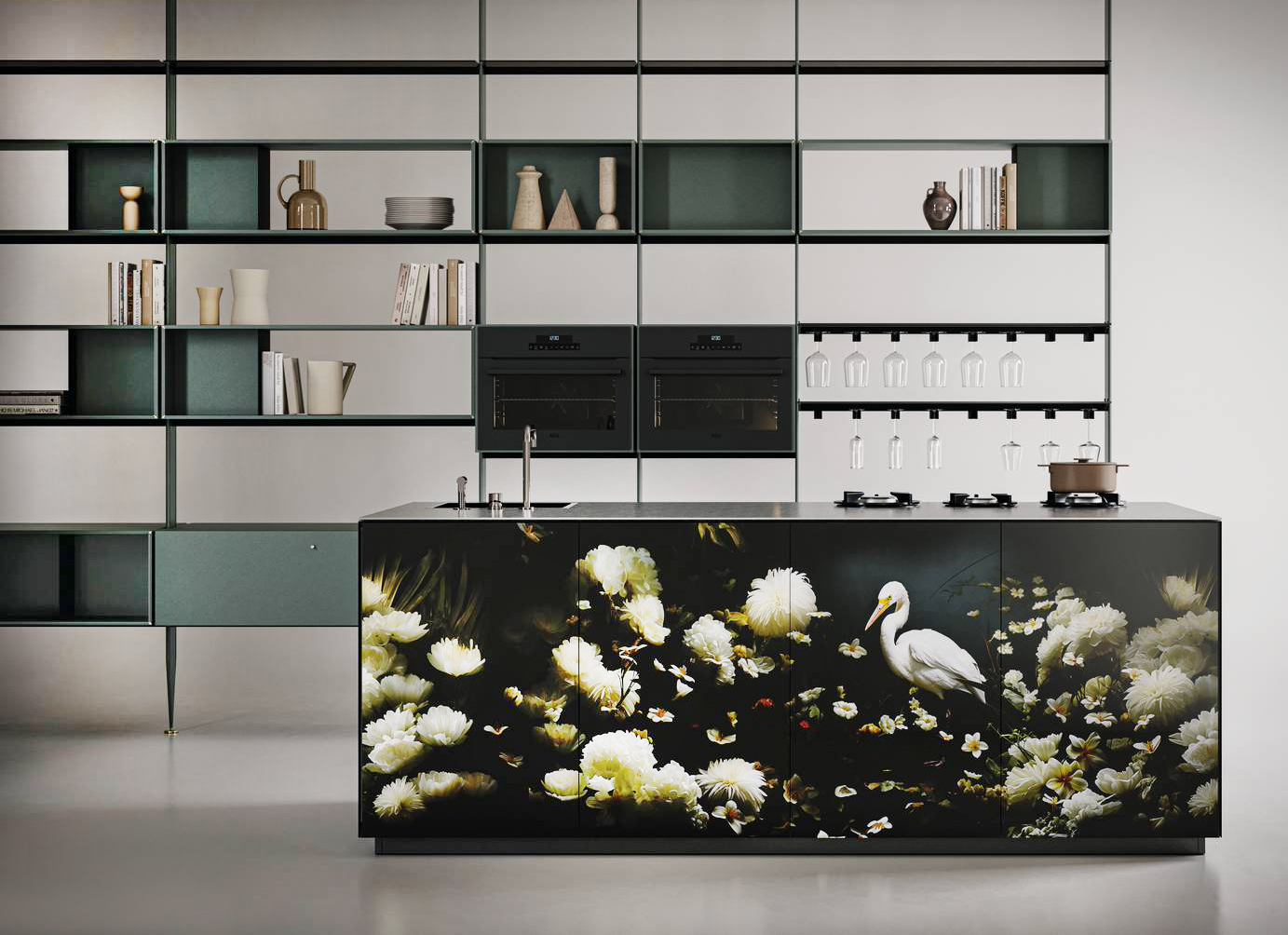 Si sviluppa intorno alla scenografica isola N_Elle la cucina sostenibile di Cesar: le ante delle basi  sono decorate da un paesaggio della collezione Utopian Garden, di ispirazione rétro, stampato su Mvi Inalco, un innovativo materiale vetroso ecologico e riciclabile, caratterizzato da una texture traslucente che conferisce profondità al disegno stampato digitalmente con minerali naturali. Il top è in acciaio Inox Mat Barazza; la libreria The 50's bifacciale ha i moduli a giorno e chiusi in laccato strutturato Verde Comodoro e le mensole in vetro fumé. Prezzo su richiesta. www.cesar.it