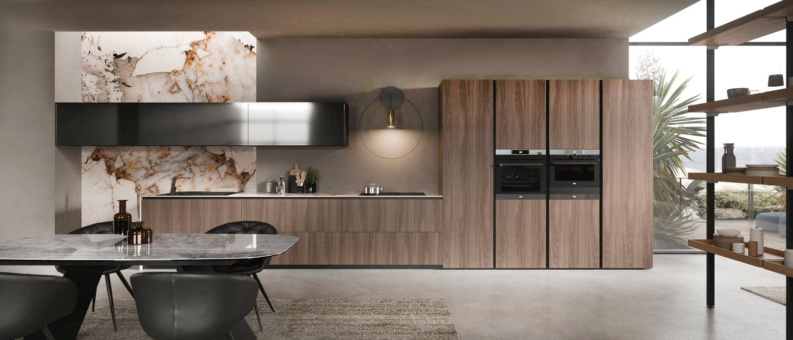 Qualità e sostenibilità per il modello della linea LAB13 di ARAN Cucine che è caratterizzata dalle ante Rigoletto Plus in noce americano naturale con la gola in alluminio nero: sono prodotte in vero legno certificato Fsc e sono decorate da una lavorazione cannetè ossia da scanalature verticali e regolari. Il top è in gres color magellano; i pensili hanno le ante in laccato metallo liquido piombo. Un modulo base da 60 cm, prezzo a partire da 810 euro + IVA.  www.arancucine.it