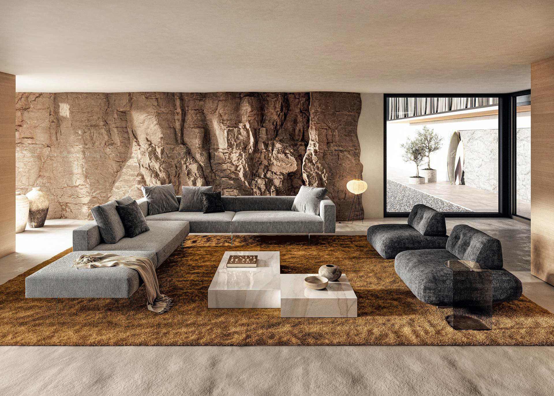 Sedute profonde e confortevoli per il divano Air Sofa 2737 di Lago rivestito in tessuto Axum grigio e corredato di gambe in vetro extrachiaro. Misura L 377,2 x P 331,2 x H 67 cm. Prezzo su richiesta. Lateralmente trovano posto le poltrone/divani Sand rivestiti in tessuto Please grigio antracite e le gambe in acciaio Peltro. Misura L 105 x P 105 x H 75,8 cm. Prezzo su richiesta. www.lago.it Sedute profonde e confortevoli per il divano Air Sofa 2737 di Lago rivestito in tessuto Axum grigio e corredato di gambe in vetro extrachiaro. Misura L 377,2 x P 331,2 x H 67 cm. Prezzo su richiesta. Lateralmente trovano posto le poltrone/divani Sand rivestiti in tessuto Please grigio antracite e le gambe in acciaio Peltro. Misura L 105 x P 105 x H 75,8 cm. Prezzo su richiesta. www.lago.it