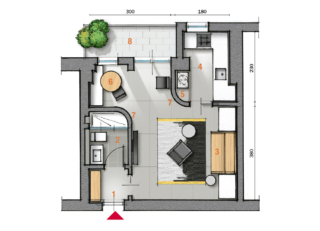 1 Ingresso 2 Bagno 3 Zona giorno/notte 4 Cucina 5 Zona lavanderia 6 Pranzo 7 Parete curva 8 Balcone 1 Ingresso 2 Bagno 3 Zona giorno/notte 4 Cucina 5 Zona lavanderia 6 Pranzo 7 Parete curva 8 Balcone